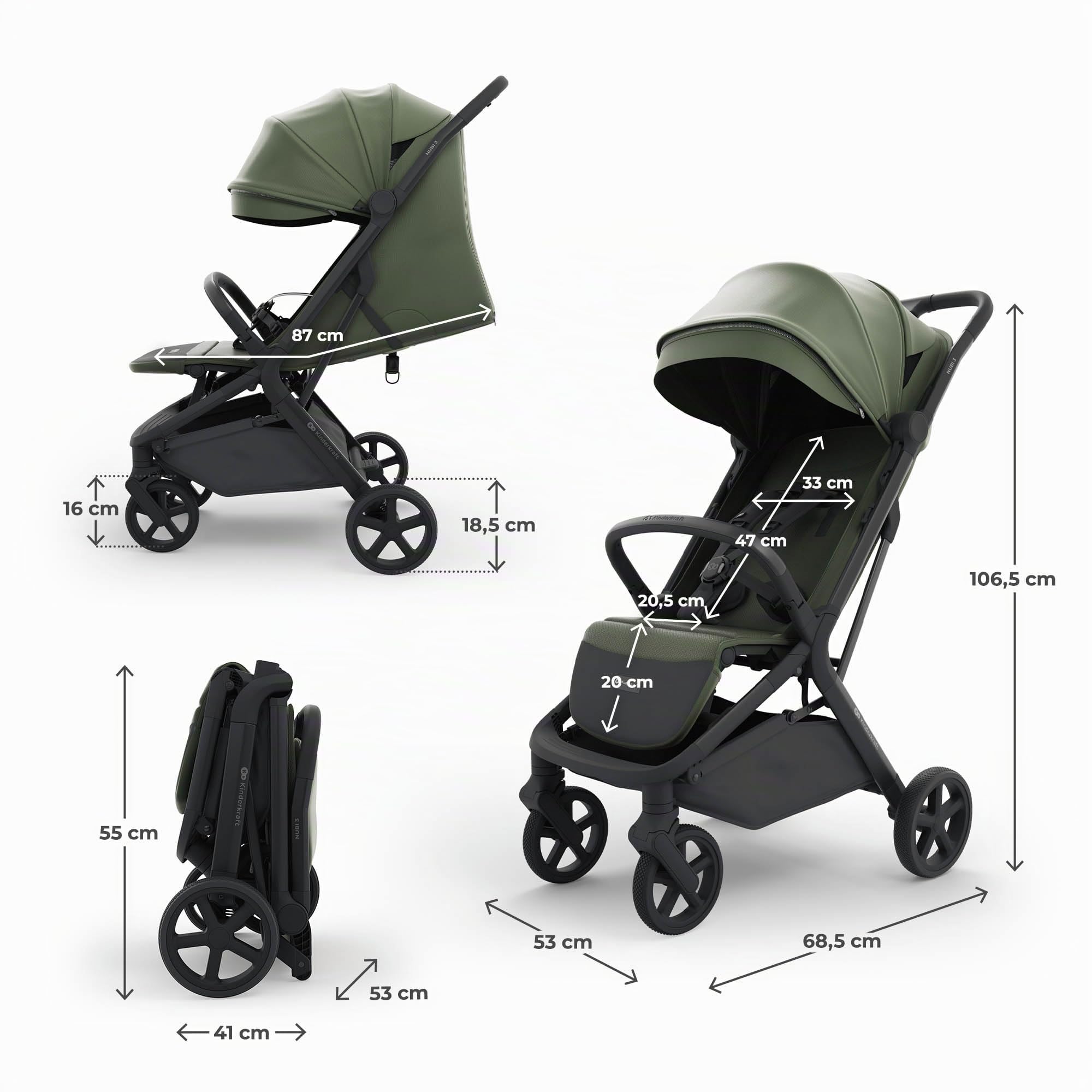 Kinderkraft NUBI 3 Silla de paseo compacta y ligera, hasta 22 kg, Buggy, con plegado automático, capota impermeable, UPF50+, Ligero 8,7 kg, posición reclinada, arnés de seguridad de 5 puntos, Verde