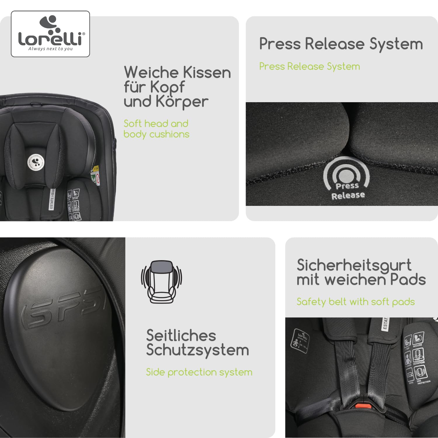 Lorelli Auto Kindersitz Estate mit Isofix Basis und Stützbein, 360 Grad drehbar, 0-36kg Mitwachsender Autositz i-Size 40-150cm, Babysitz ab Geburt, 5-Punkt-Gurt, Einstellbare Kopfstütze, grün
