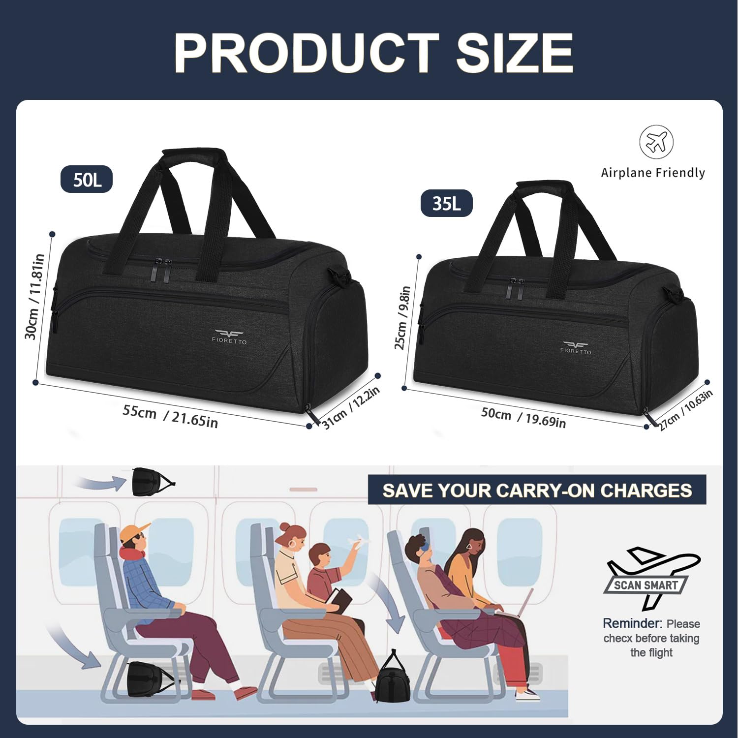 FIORETTO 50L Mens Sports Gym Bag with Wet Pocket & Shoe Compartment,Travel Duffle Bag Overnight Bag with Padded Shoulder Strap - Image 3