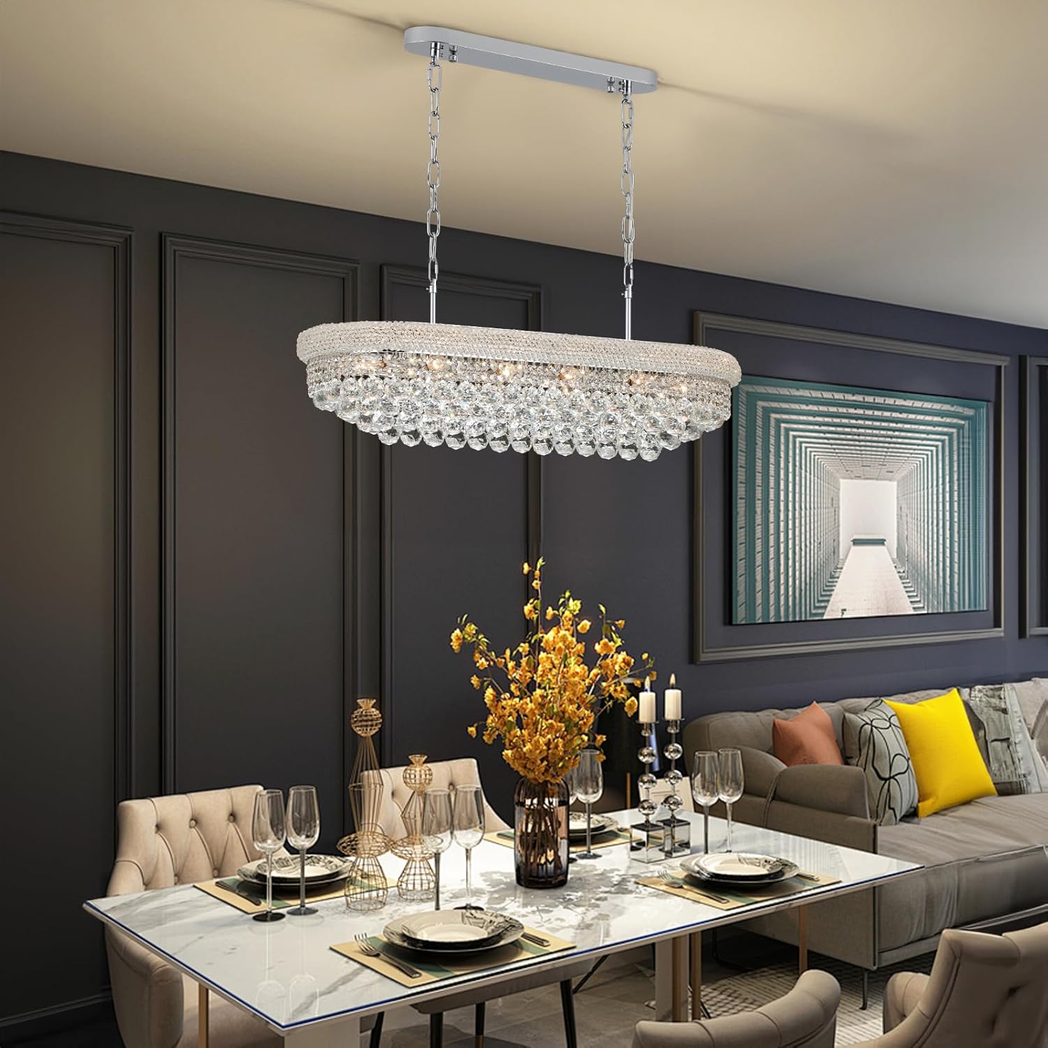 Crystal Chandeliers for Dining Room Light Fixtures Over Table, Modern Crystal Chandeliers for Kitchen lsland, 11 Lights Empire Style Chrome Luxury Lighting Fixtures for Living Room Bar