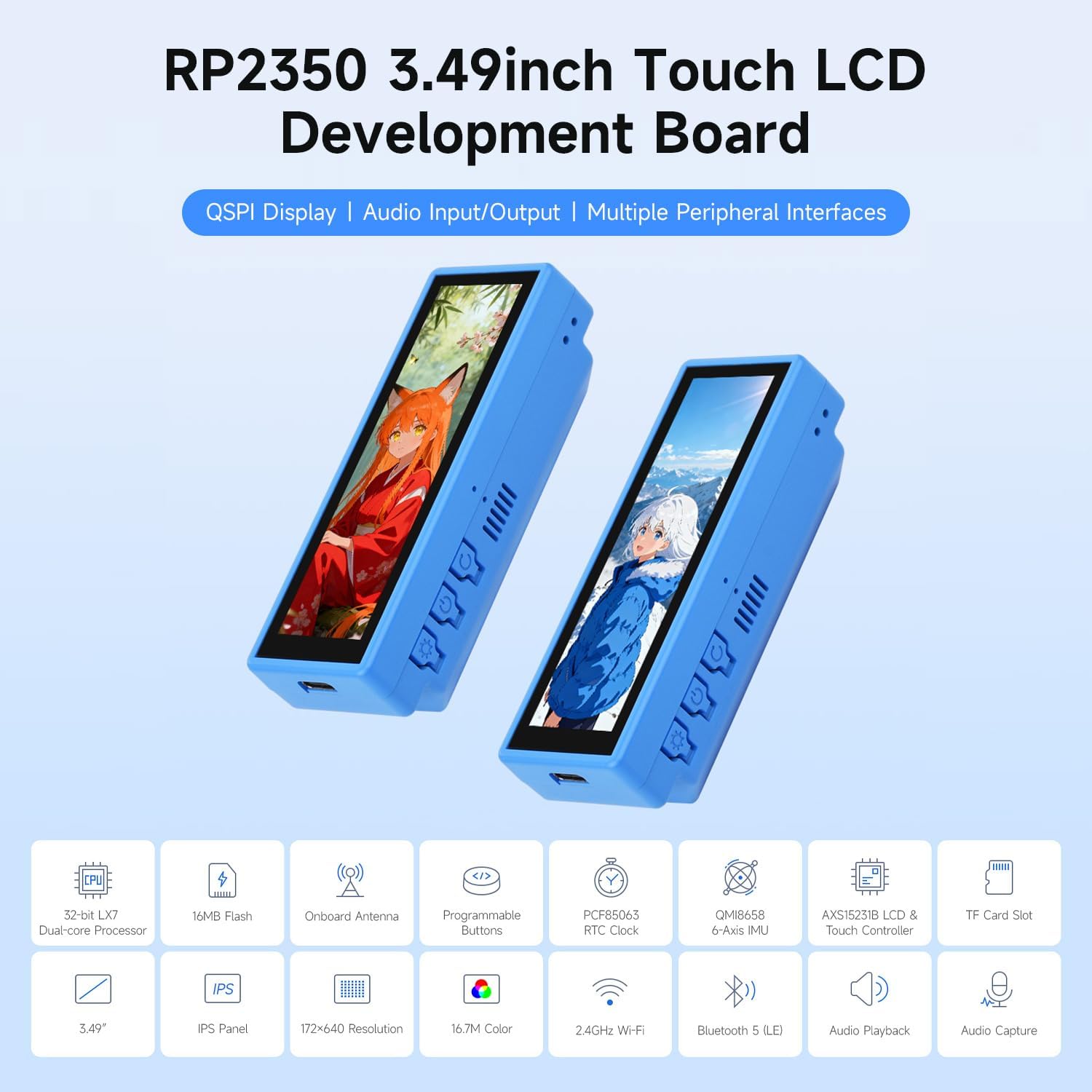 Waveshare RP2350 Development Board with 3.49inch IPS Capacitive Touch Display, 172 × 640, Dual-core & Dual-Architecture Design, Built-in AXS15231B LCD & Touch Controller, Lithium Batt NOT Included
