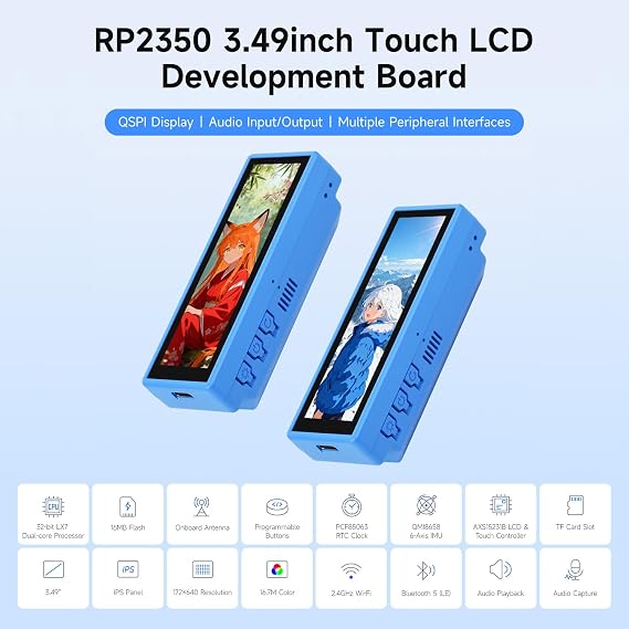 Waveshare RP2350 Development Board with 3.49inch IPS Capacitive Touch Display, 172 × 640, Dual-core & Dual-Architecture Design, Built-in AXS15231B LCD & Touch Controller