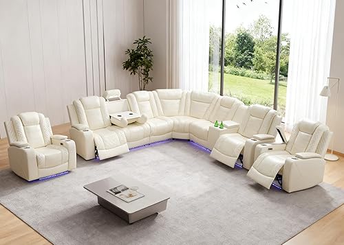Miniatura 23 de Juego de sofá seccional reclinable eléctrico con luz LED, sofá esquinero reclinable de cuero y silla, muebles reclinables de teatro con Crema