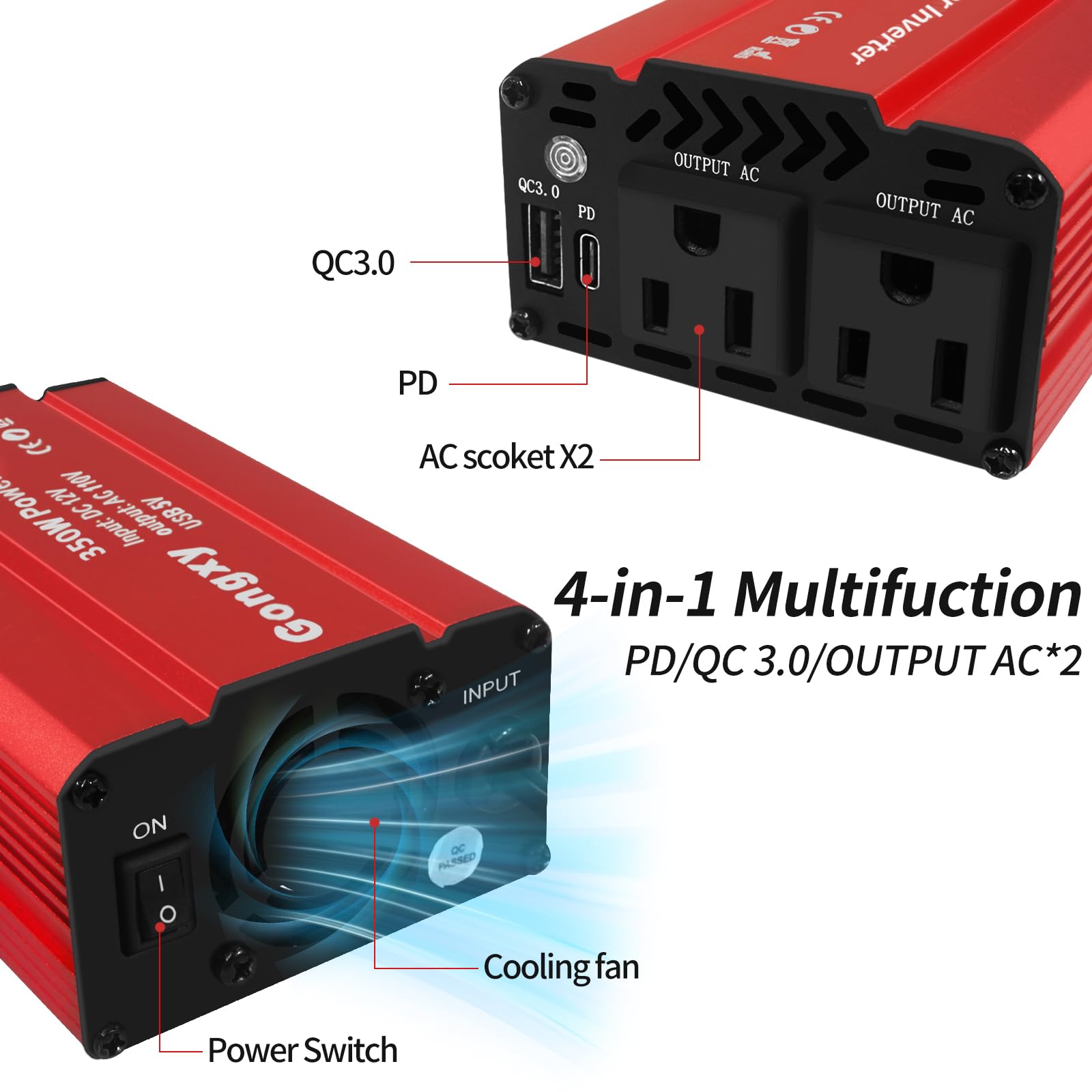 Przetwornica mocy 350 W dla pojazdów 12 V na AC 110 V Przetwornica samochodowa Wtyczka ładowarki do USB QC 3.0 PD(65 W), adapter ładowarki samochodowej do podróży