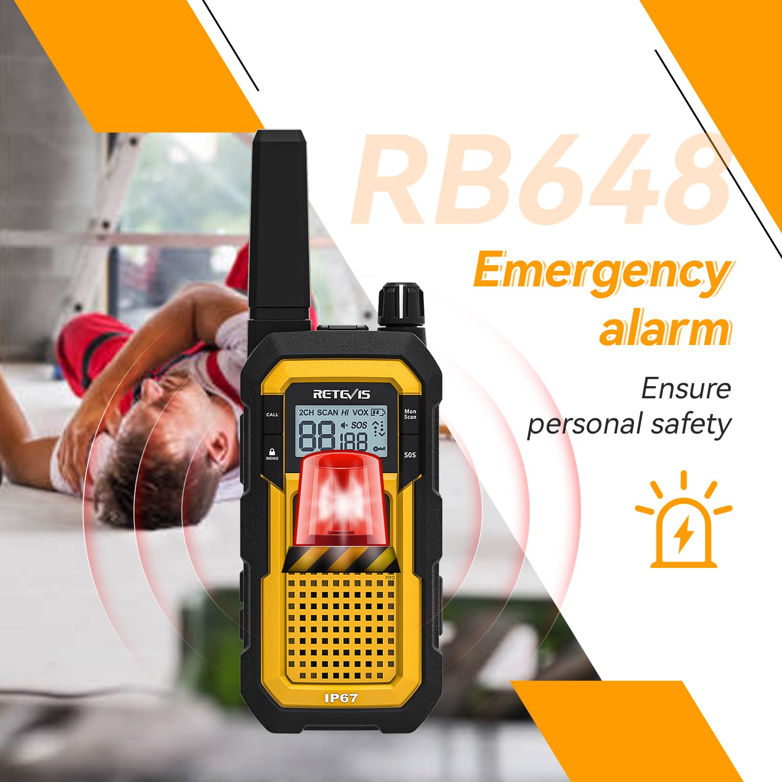 Retevis RB648 Walkie Talkie Profesional, Radio Bidireccional Impermeable | MIL-STD-810H, IP67 Impermeable, Vibración SOS, 2000 mAh, Resistente con Auricular para Construcción (4 Pcs, Amarillo)