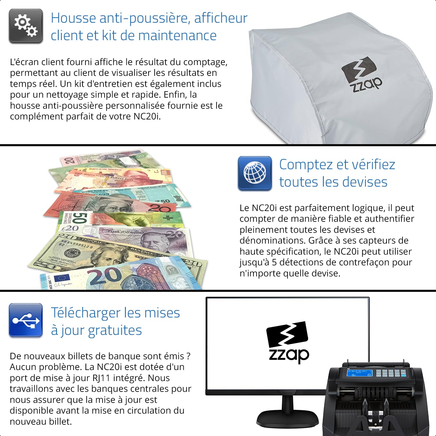 ZZap NC20i Compteuse de Billets & Détecteur de Contrefaçons - Compte 1000 billets par minute, compte par lots, détecte les contrefaçons sur 5 points et plus encore!