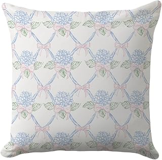 Hydrangea Pillow Cover 18x18 – Vintage Floral Cushion with Bows – Pastel...