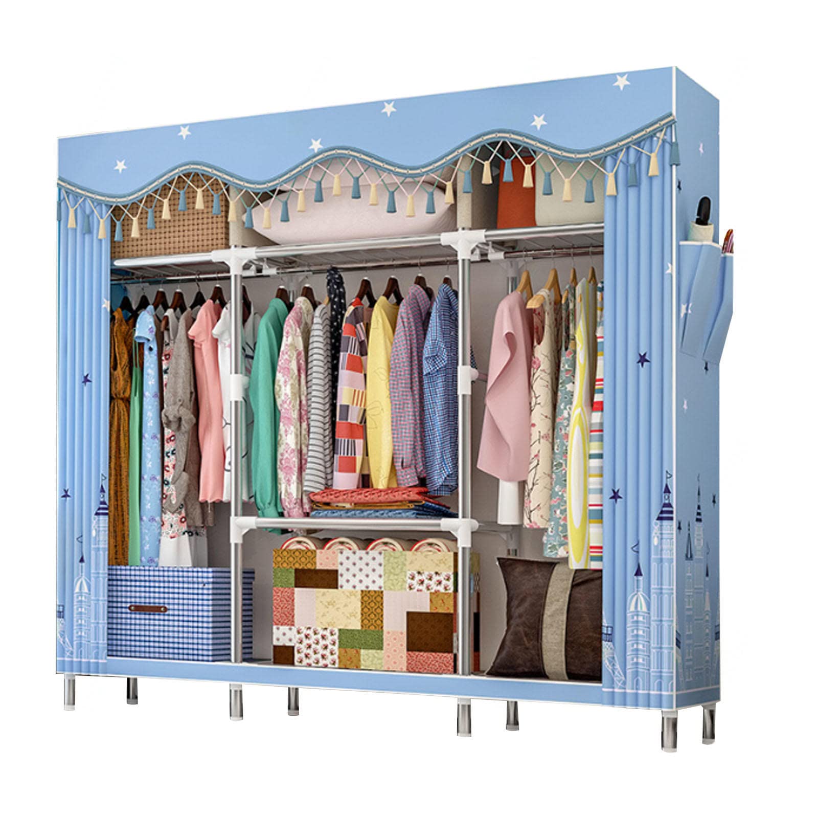 Kleidergarderobe, tragbarer Canvas-Kleiderschrank für Schlafzimmer, Kleiderschrank-Aufbewahrungsorganisator mit Kleiderstange, faltbarer Schrank, robust und langlebig, B-148 x 46 x