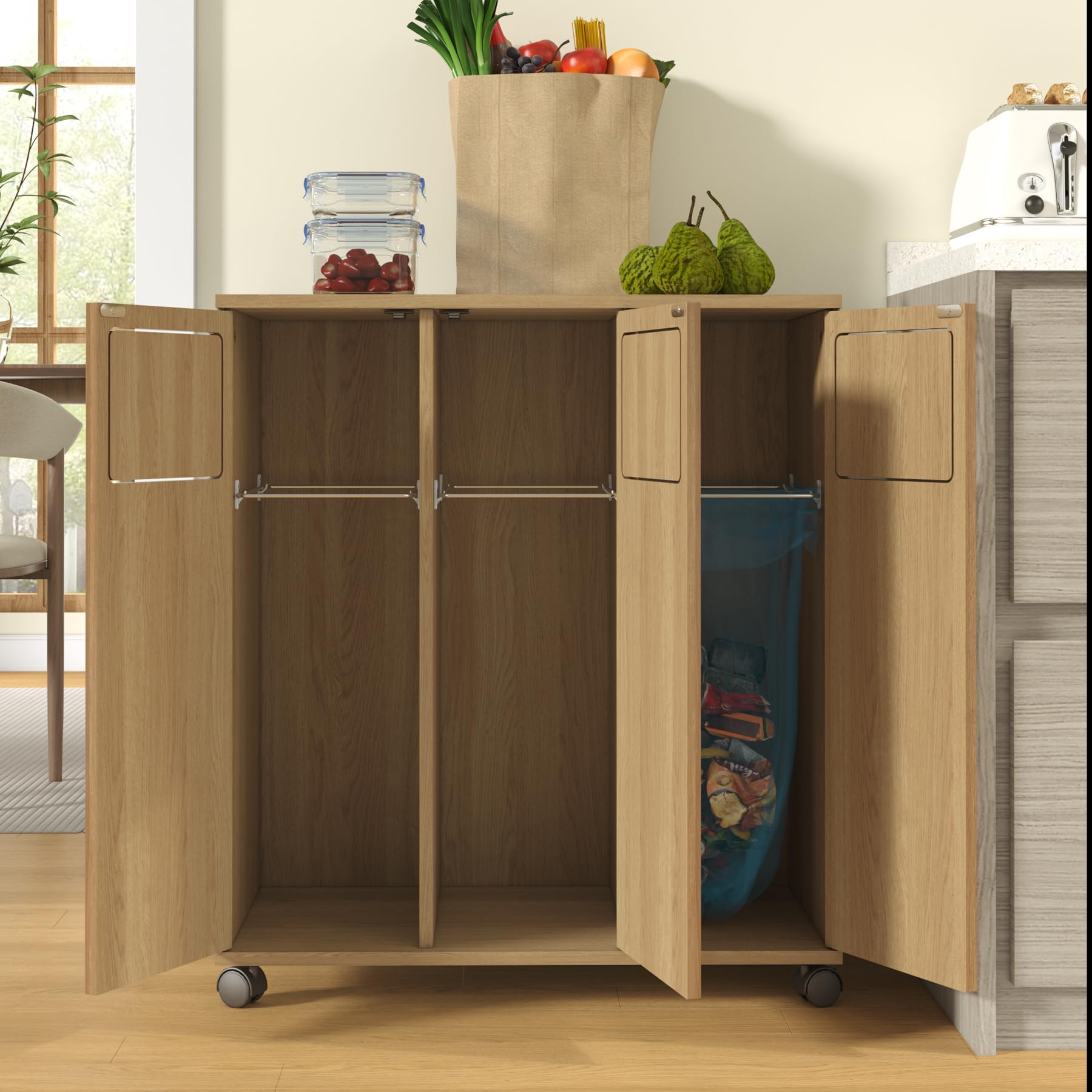 Pattumiera da cucina a 2 scomparti, sistema di raccolta differenziata con ruote, 47 x 35 x 80 cm