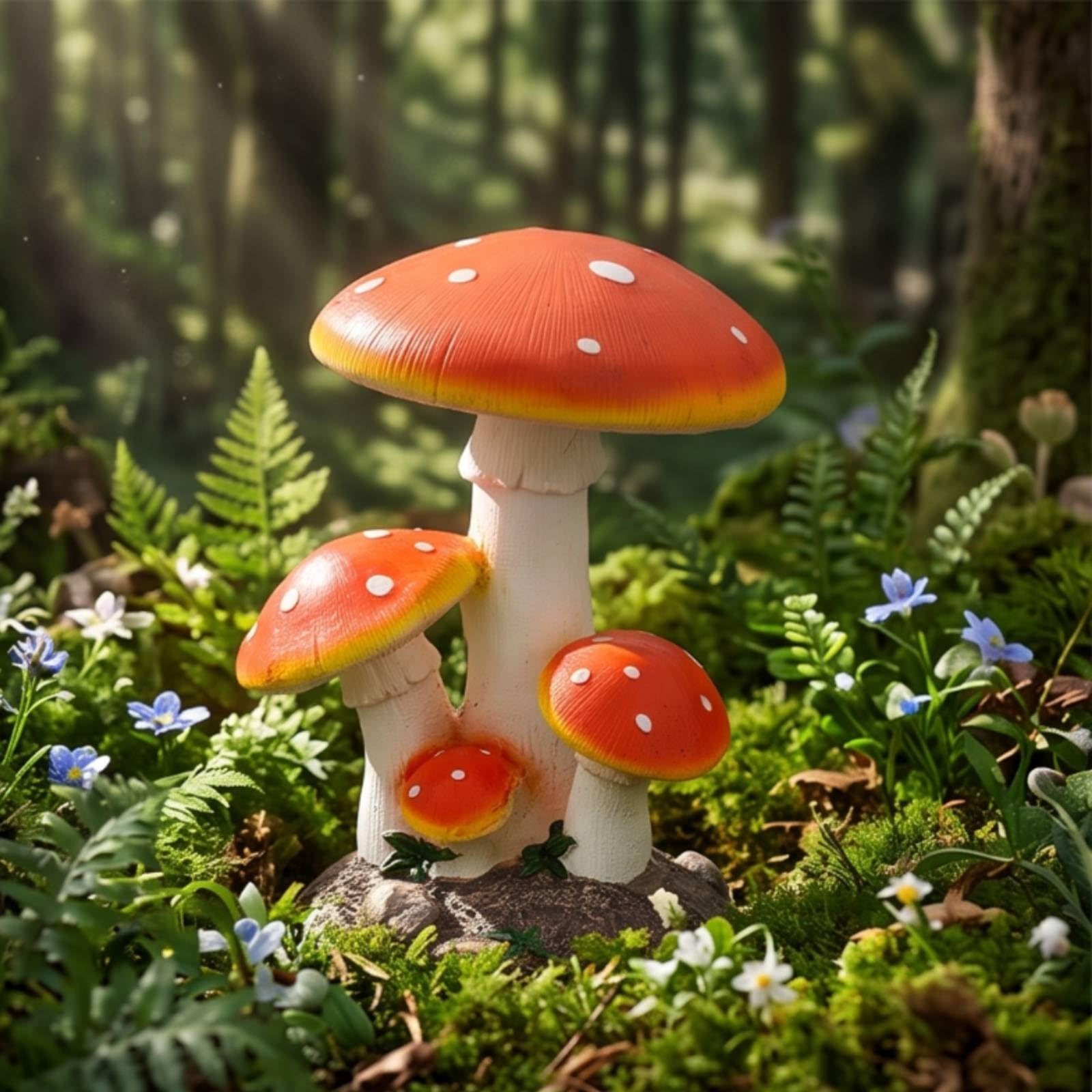 Pilz farbenprächtig Pilzfigur stabil Pilzskulptur für Gartenliebhaber, Hobbygärtner, Garten, Terrasse, Großer Dreistieliger Pilz