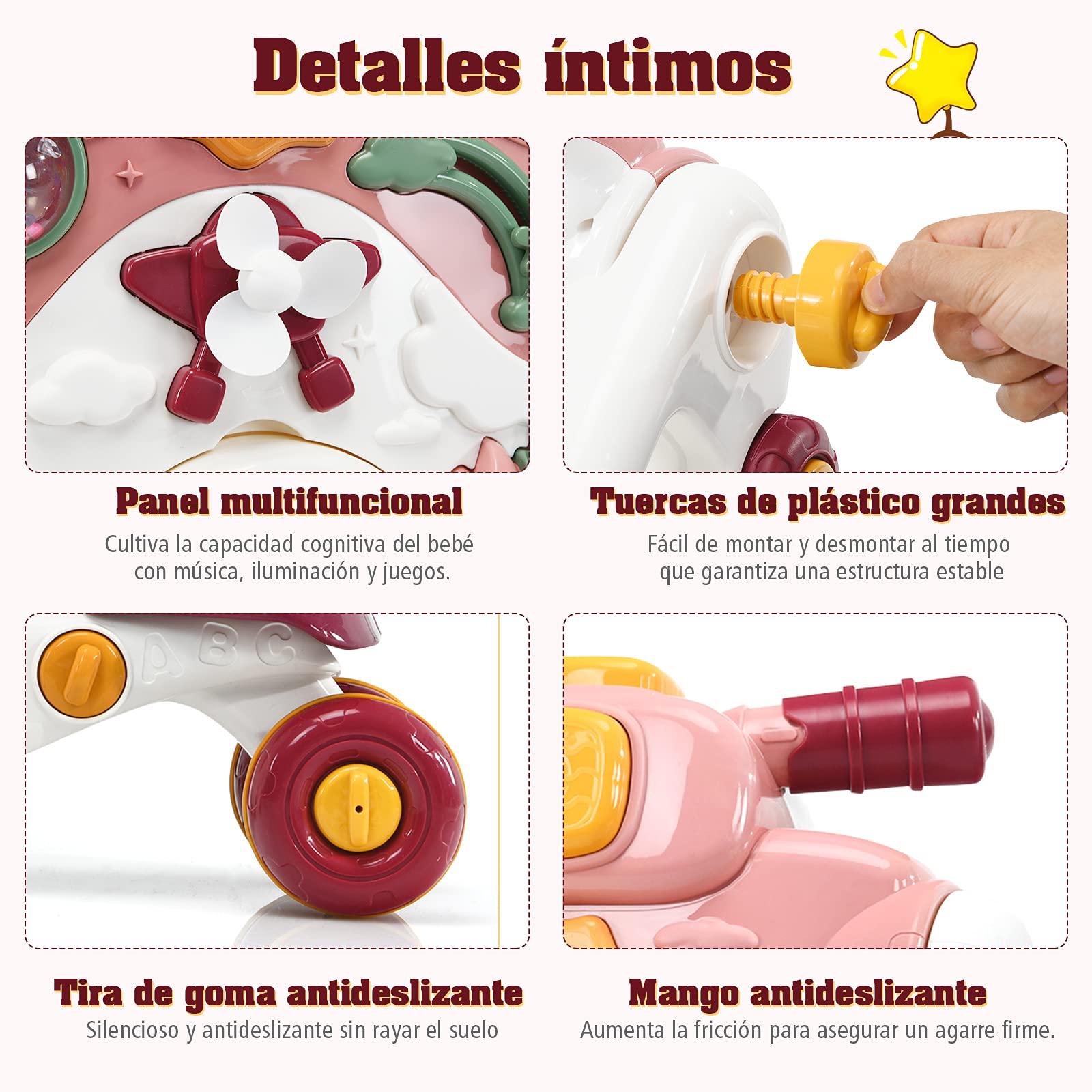 COSTWAY 3 en 1 Andador Bebes, Andador para Bebé con Música,Luces y Ruedas Antideslizantes,Caminador Correpasillo con Tablero de Juguete para Bebé de 6-36 Meses, 56 x 46 x 46 cm (Rosa oscuro)