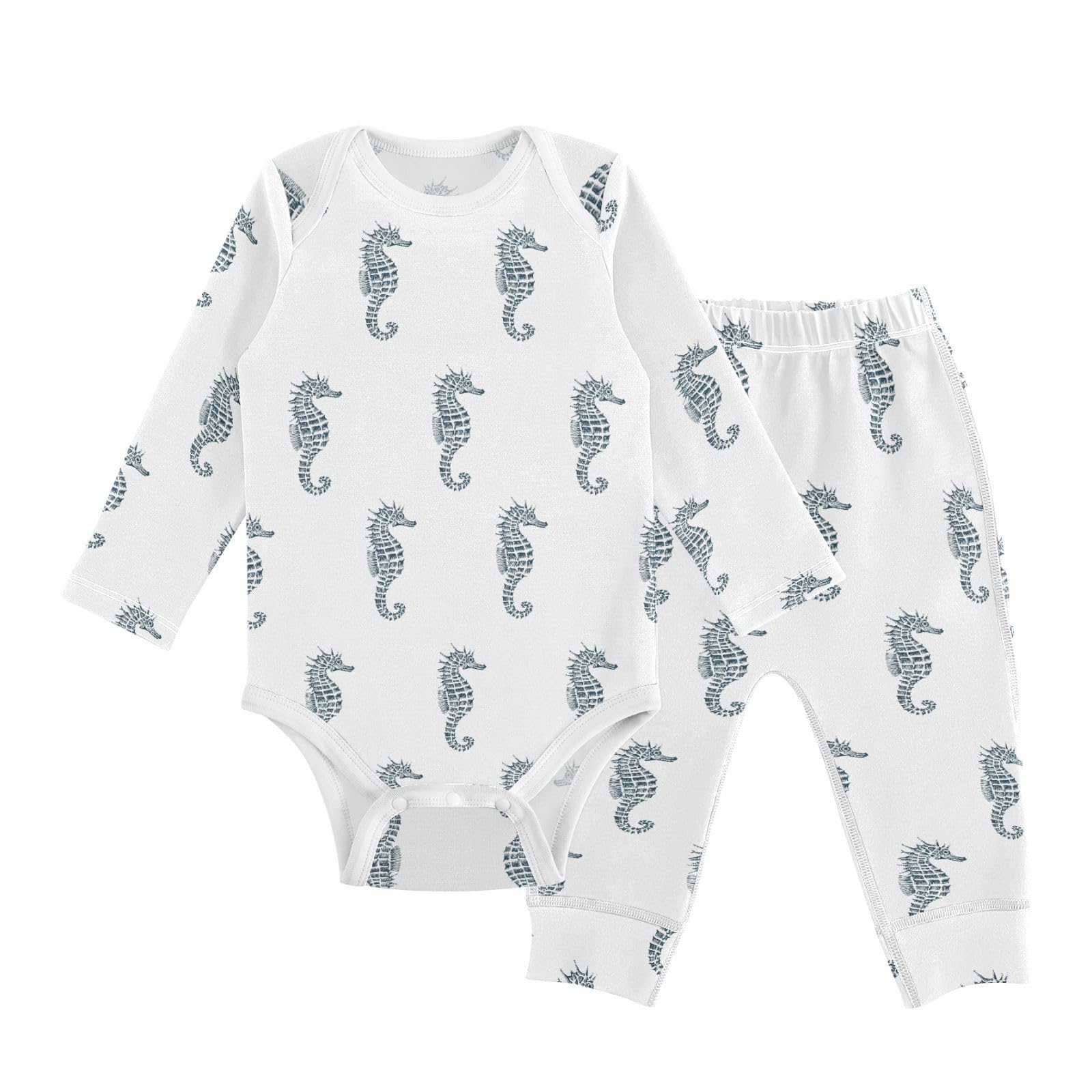 vvfelixl Baby Bodysuits Pants Sets Retro Seahorse Long Sleeve Baby Onesie Clothes for Boys Girls 3-6M