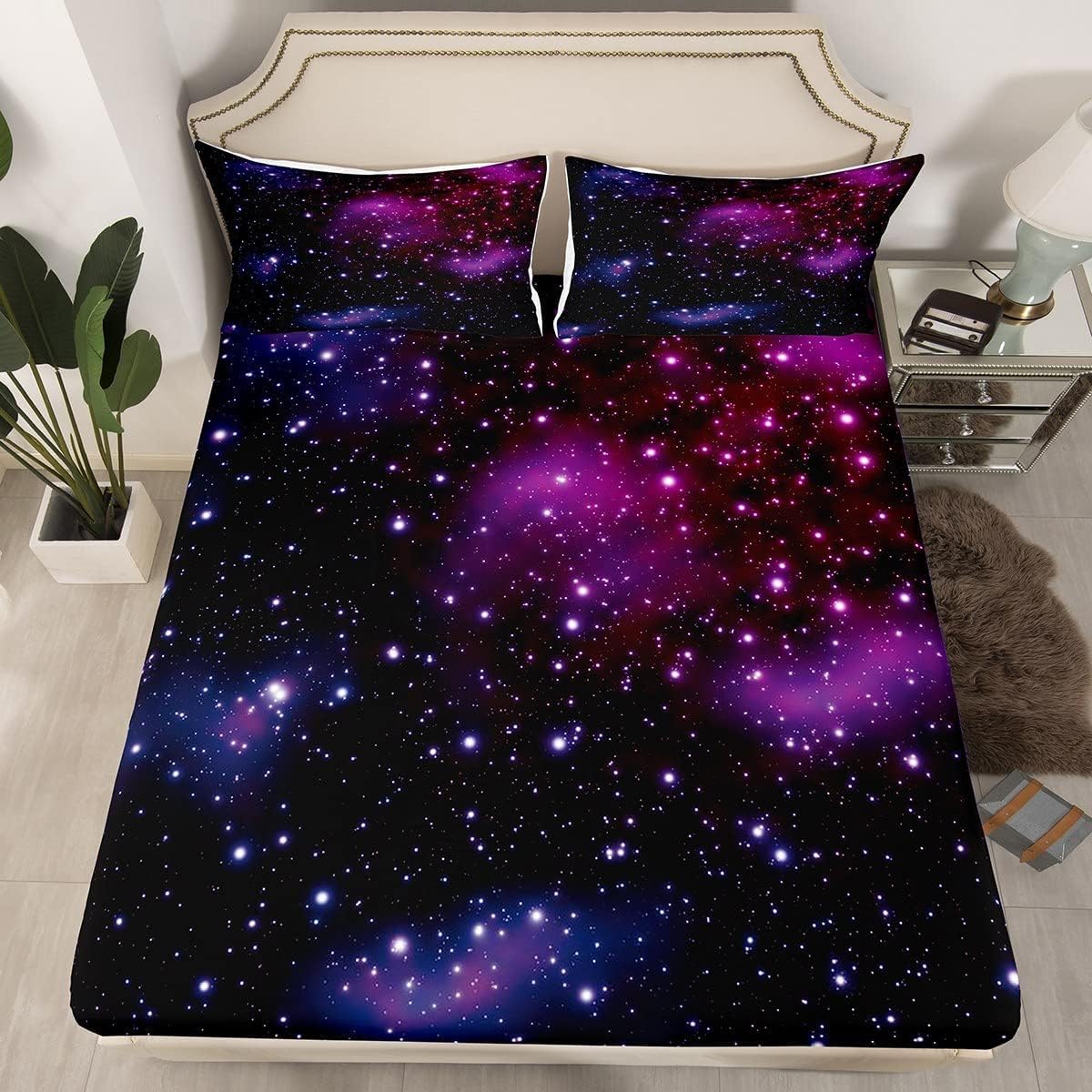 Drap housse 90x190 ciel étoilé violet pour chambre enfant Homewish