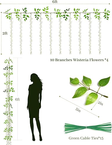 Miniatura 7 de JACKYLED 12 paquetes de enredaderas de hiedra artificial con 80 luces LED y 4 paquetes de flores colgantes de glicina blanca guirnalda de flores de