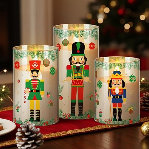 Blosssound Paquete de 3 velas de Navidad sin llama que funcionan con pilas, cascanueces de Navidad, sin llama, parpadeantes, velas LED para el