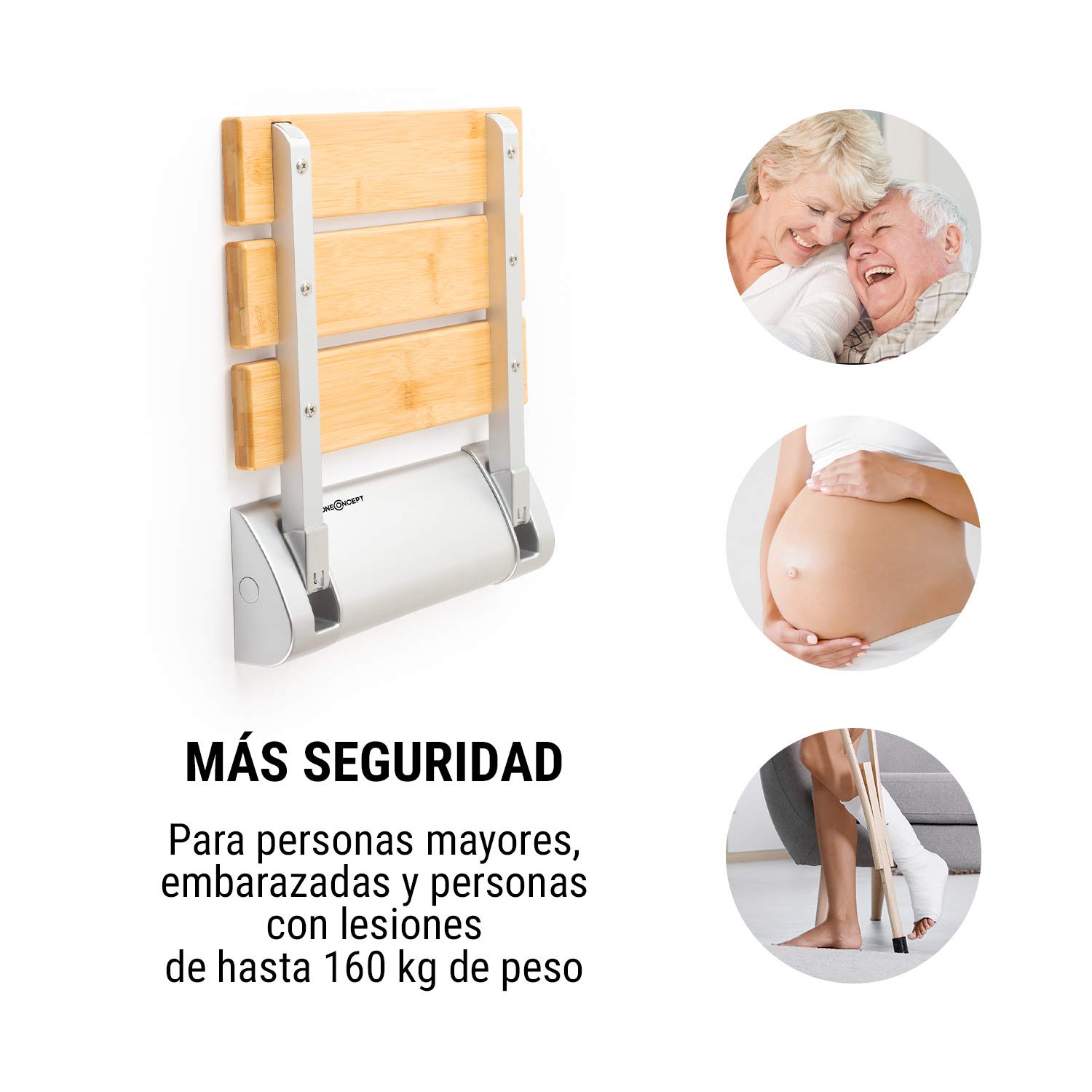 oneConcept Arielle Asiento de Ducha - Asiento abatible con de bambú, Soporte de aleación de Aluminio, Peso máx.: 160 kg, Incl. Material de Montaje, Tipo: Arielle, marrón