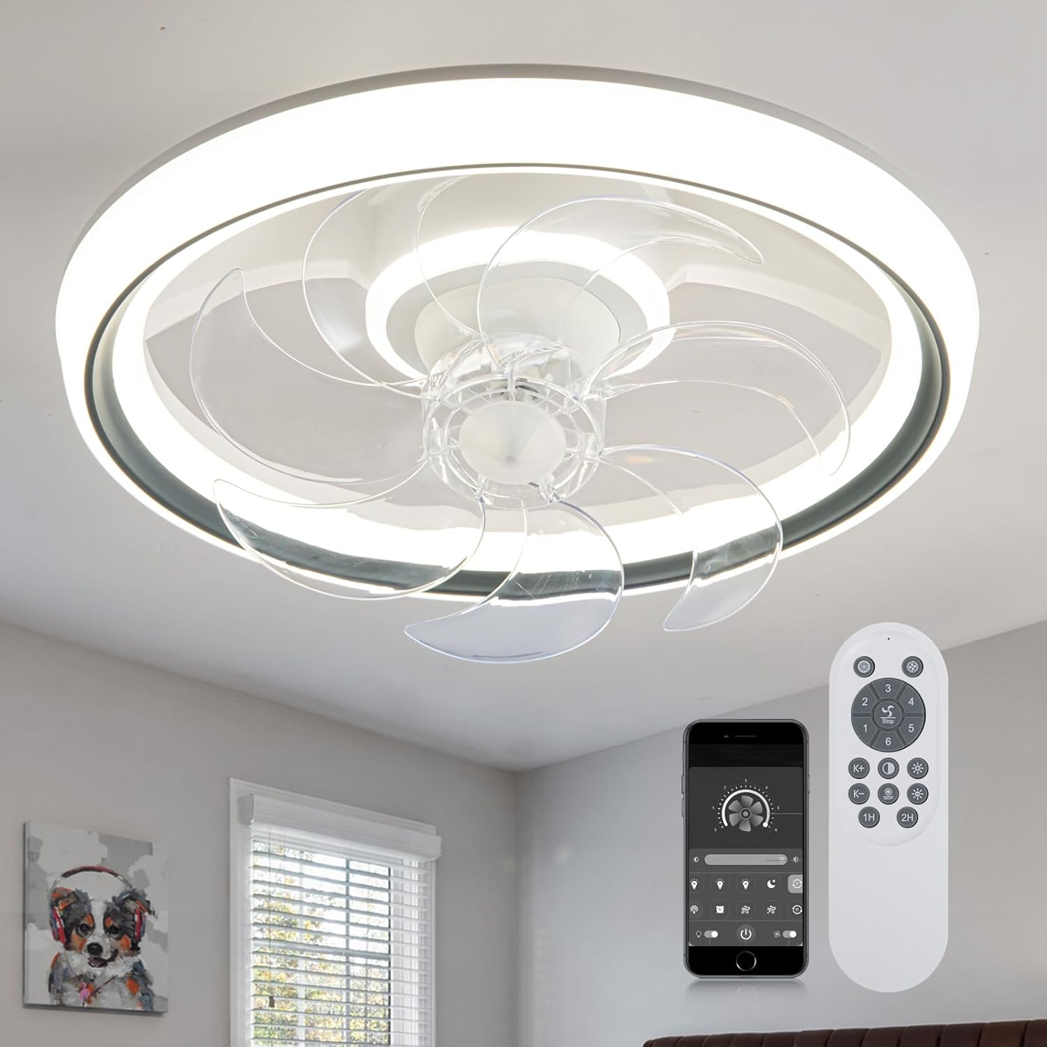 liibodi Shake Head Ceiling Fans with Lights, Flush Mount Modern Ceiling Fan and Remote Control,18.89" LED Bladeless Ceiling Fans, Stepless Dimmable 3 Colors and 6 Speeds - White