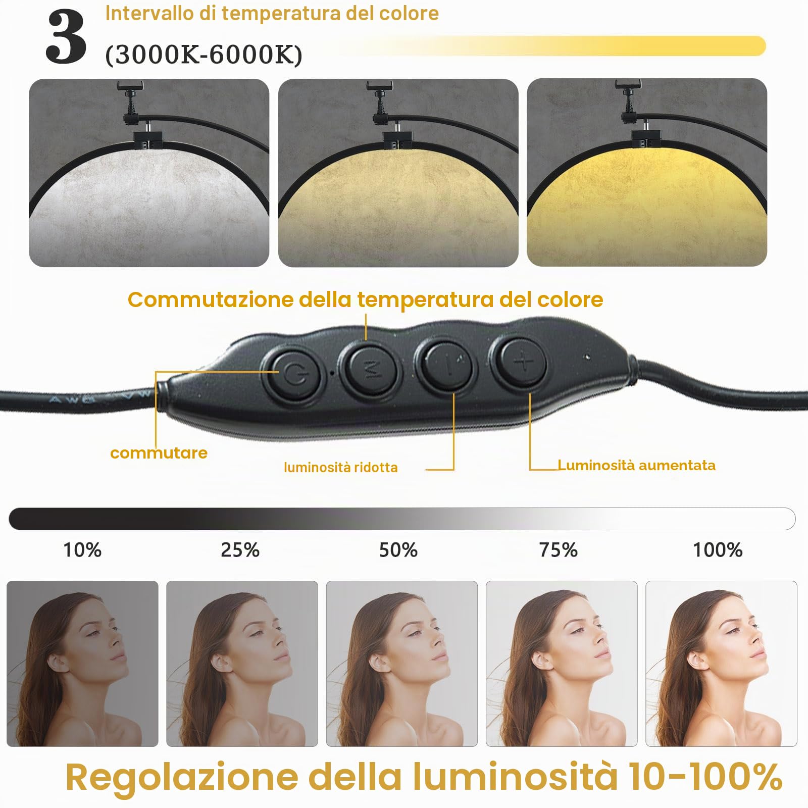 Lampada da Terra a LED, 45 W, per Ciglia, Luce Regolabile 3-6000 K, Nero, Acrilico e Alluminio