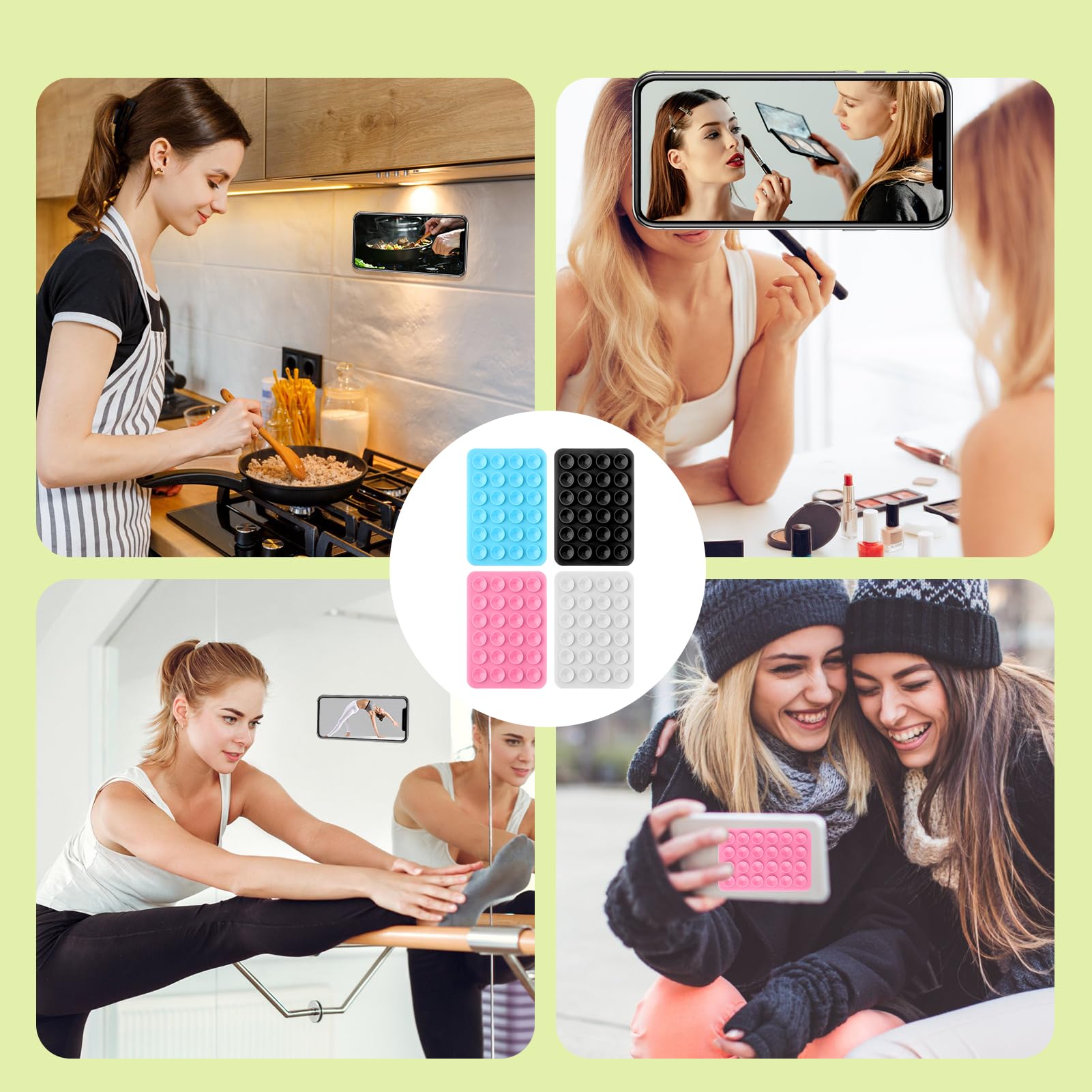 Yoaeyok 4 Pezzi Supporto Telefono con Ventosa Silicone, Adsorbimento su Entrambi i Lati, Supporto per Cellulari, Multiuso Ventosa Porta Cellulare per Selfie, Creazione di Contenuti, Cucinando