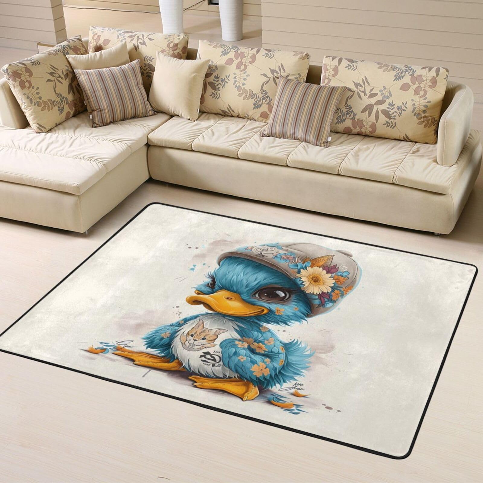 Tapis d'intérieur doux lavable pour chambre à coucher, salon – Motif tournesol mignon bleu canard 160 x 121 cm