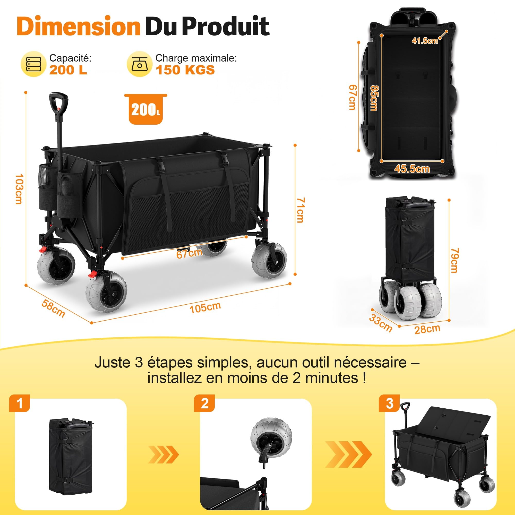Devoko Chariot de Plage Pliable 200L 150KG, Chariot de Plage Tout Terrain avec PU Roues Extra Larges 21.5x10 cm, Charette Pliable Poignée Réglable Pivotantes à 90° pour Plage, Camping, Courses(Noir)