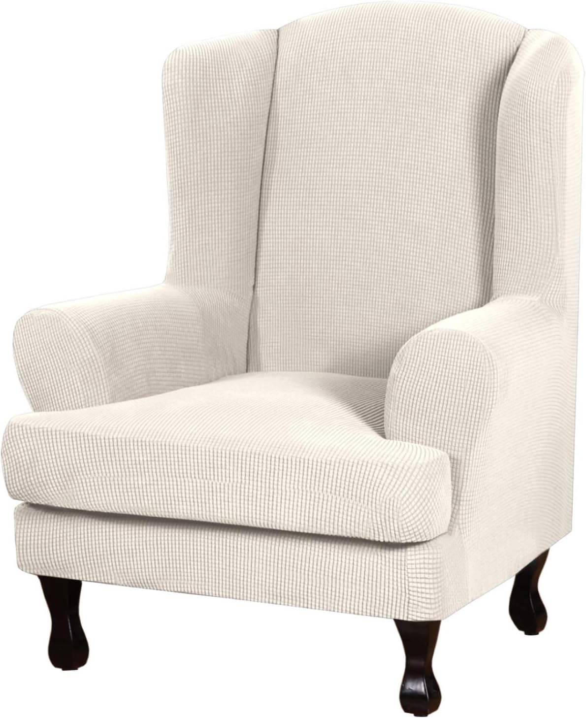 H.VERSAILTEX 2 Piece Stretch Jacquard Wingback Chair Covers Slipcovers Wing Chair Covers (Base Cover Plus Seat Cushion Cover) Furniture Covers for Wingback Chairs, Form Fitted Thick Soft, Ivory Wing Chair Ivory
