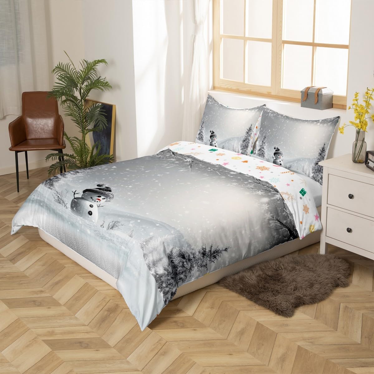 Cute Snowman Bedding Set Queen,3D Cedar Print Comforter Cover for Boys Girls,Kids Winter Snow Scenery Duvet Cover Set Christmas Theme Bedspread Cover Teens Bedroom Decor Bed Collection(No Comforter)