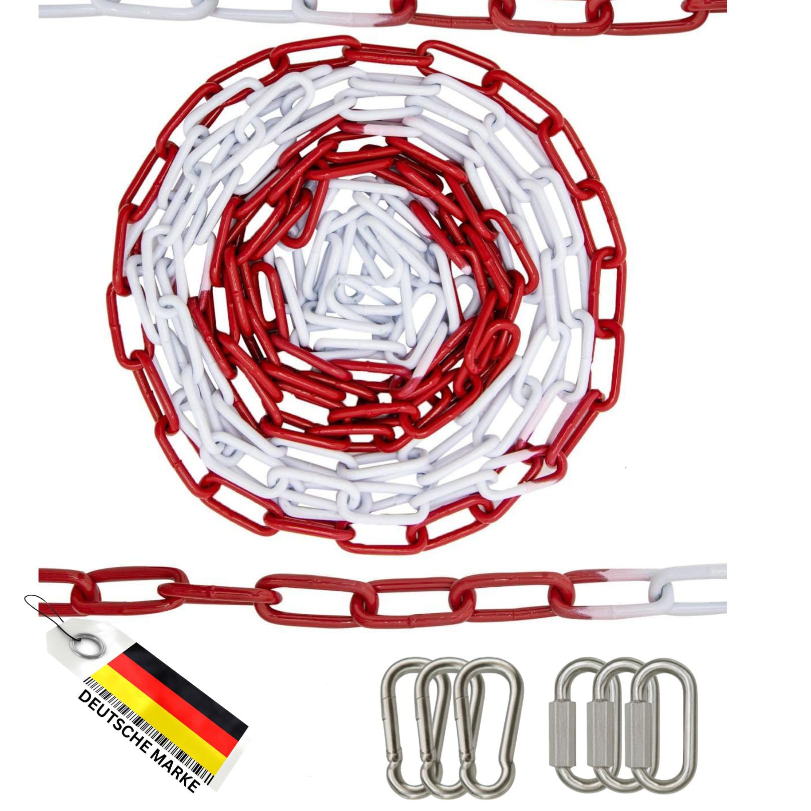 FAMEX Chaîne de barrière en métal 5-30 m 5 mm rouge blanc – Chaîne en acier galvanisé avec mousqueton et maillon d'urgence – Chaîne d'avertissement résistante aux intempéries pour parking, chantier