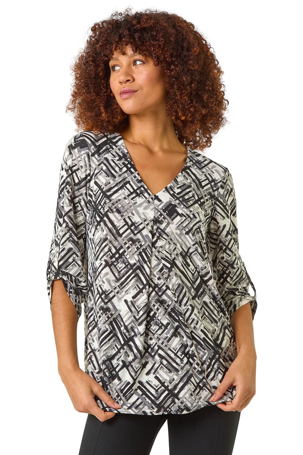 Roman Originals Women's Ivory Leaf V Neck Stretch Jersey Top For Uk Pleated Shirt Notch V Neck Blouse Summer Tunic Pull-On Soft Evening Holiday Work Party Everyday - Size 12