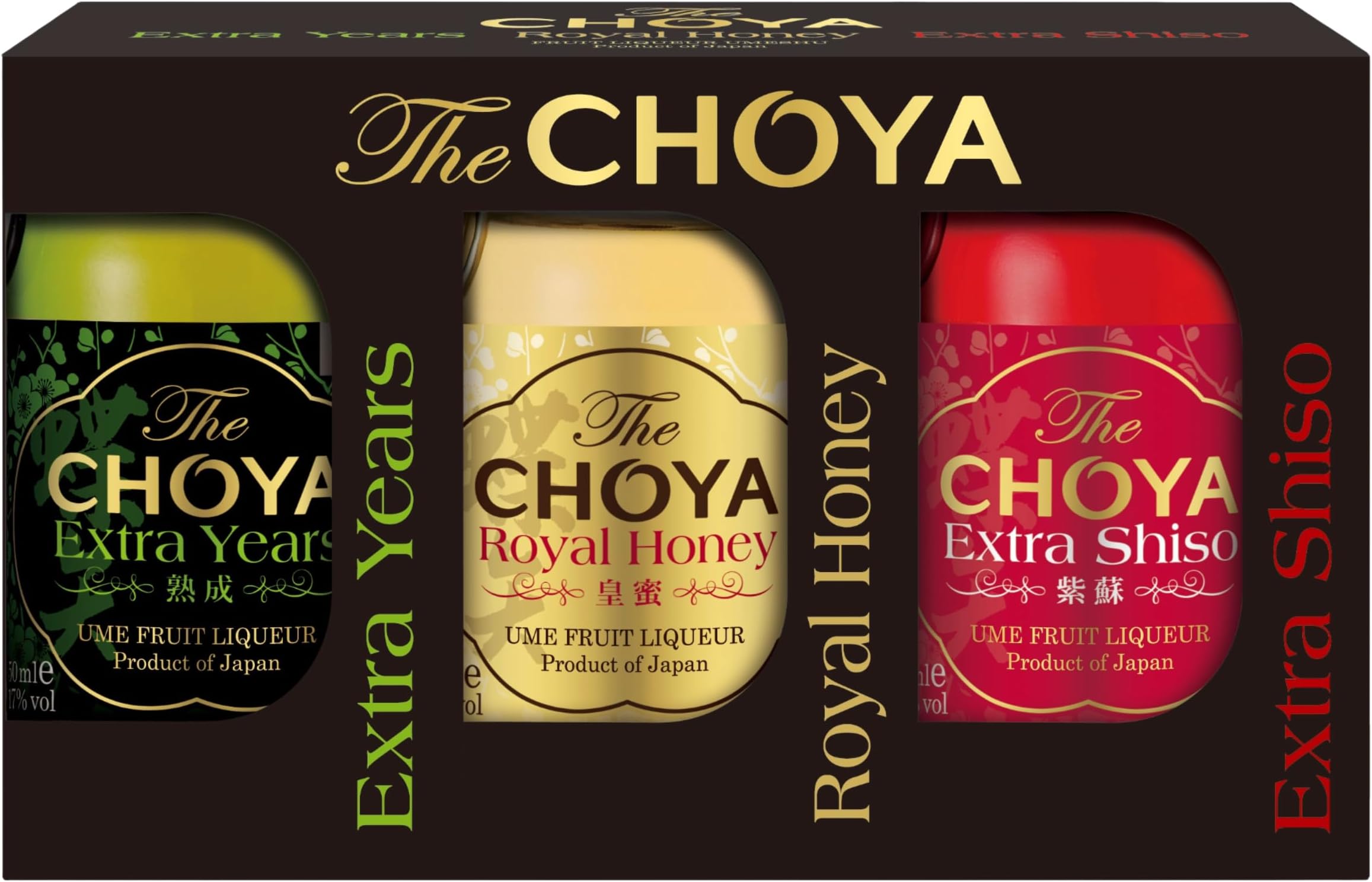CHOYA Umeshu Mini Multi Pack 3 x 50ml - Japanese Plum Liqueur Selection - Extra Shiso, Royal Honey & Extra Years - 17% ABV - Fruit Liqueur Tasting Set - Japan Origin