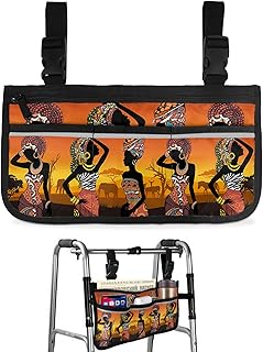 Bohemia African Women,Wheelchair Side Bag,Wheelchair Walker Armrest Bags with Cup Holder & Reflective Stripes,Mobility Scooter Walker Rollator Wheelchair Native American Indian Ethnic Tribal Boho