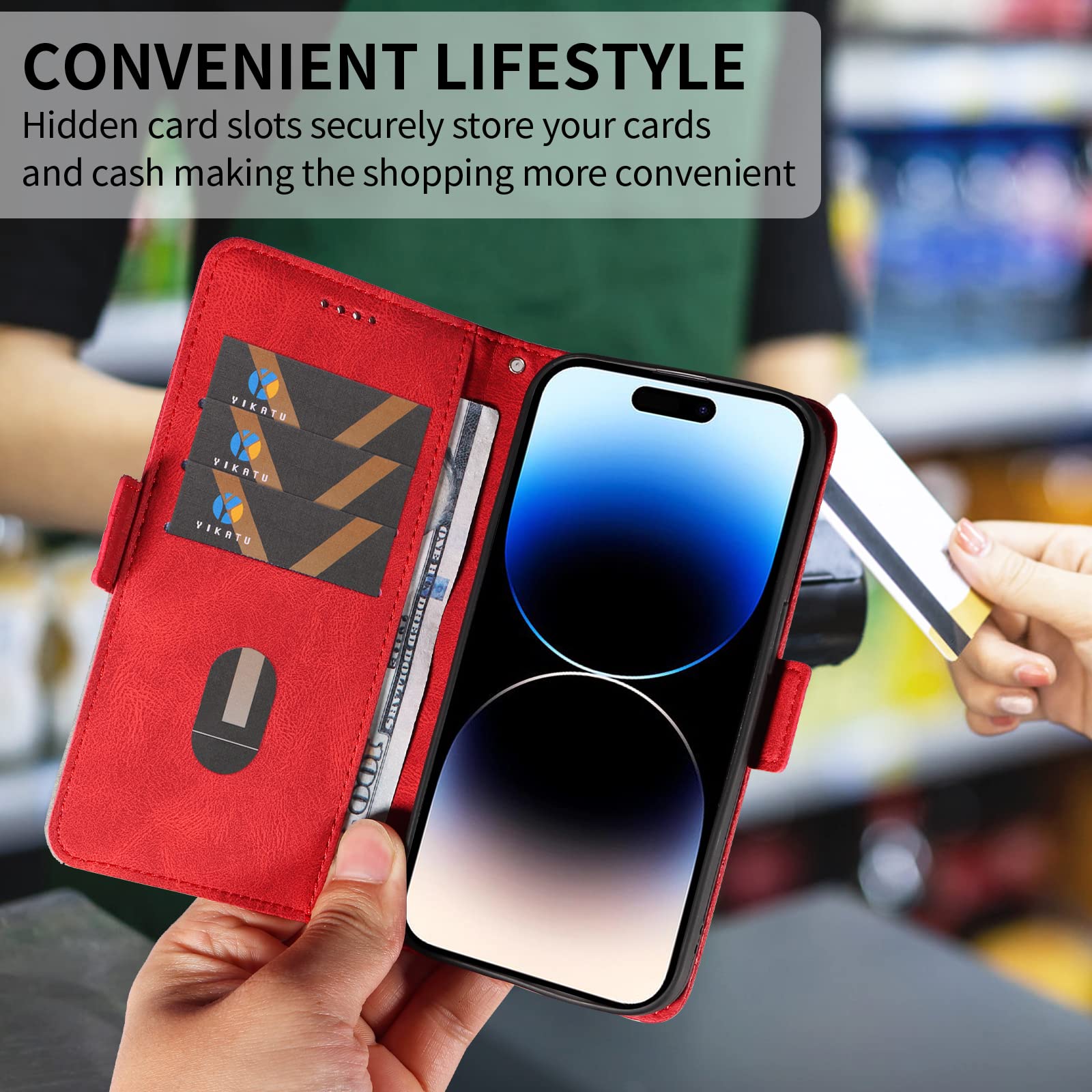 Custodia A Portafoglio In Pelle Rossa Per OPPO A98 5G: Con Tasche Per Carte, Supporto Magnetico E Funzione Stand, Antiurto - 2