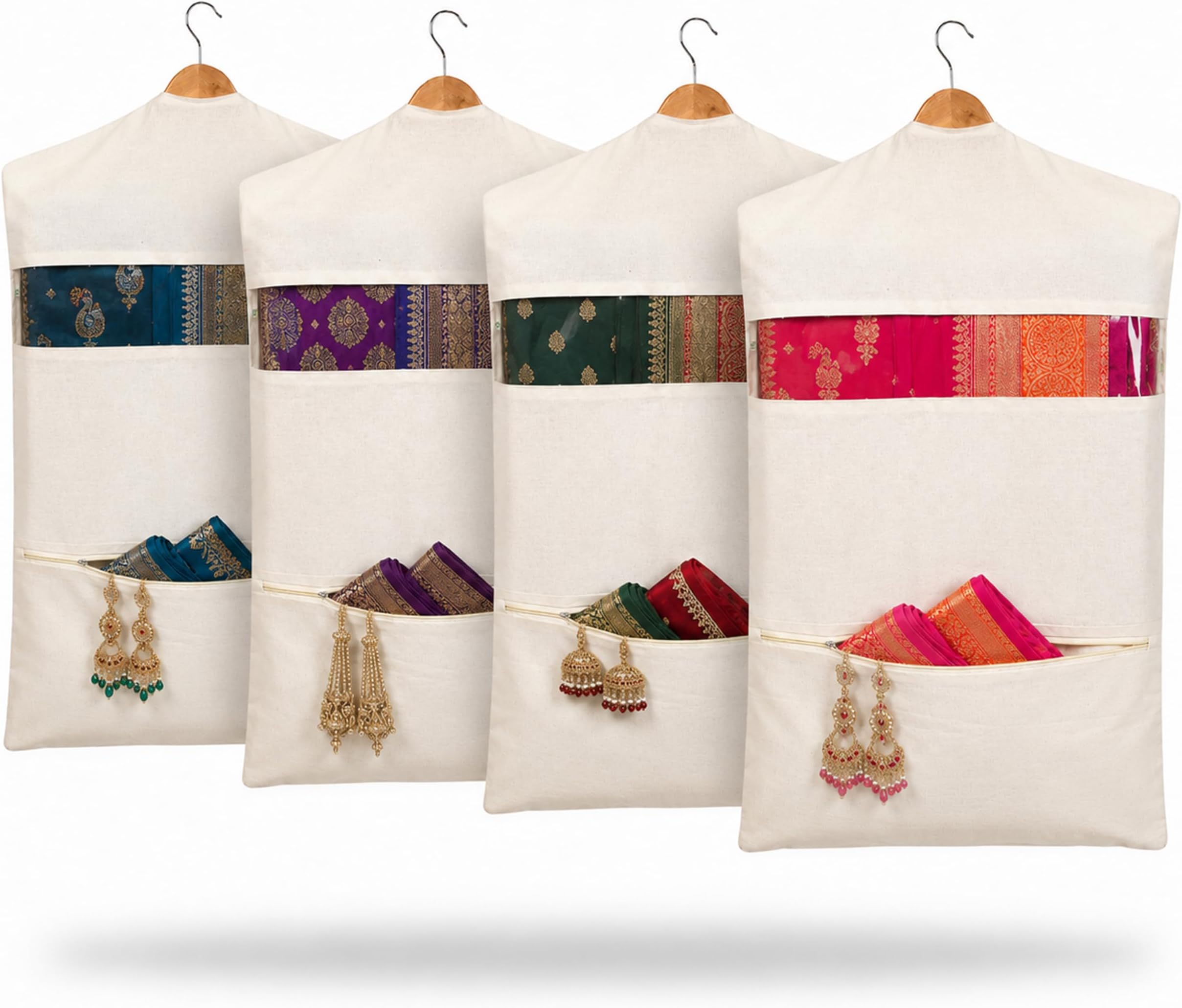 JD FRESH 4 Piece of Double Pocket Hanging Saree Bag/Cotton Clothes Bags for Storage/Hanging Cotton Saree Covers/Mesh Window Cloth Storage Bag/Saree Stoarge Covers with Zip - Off White