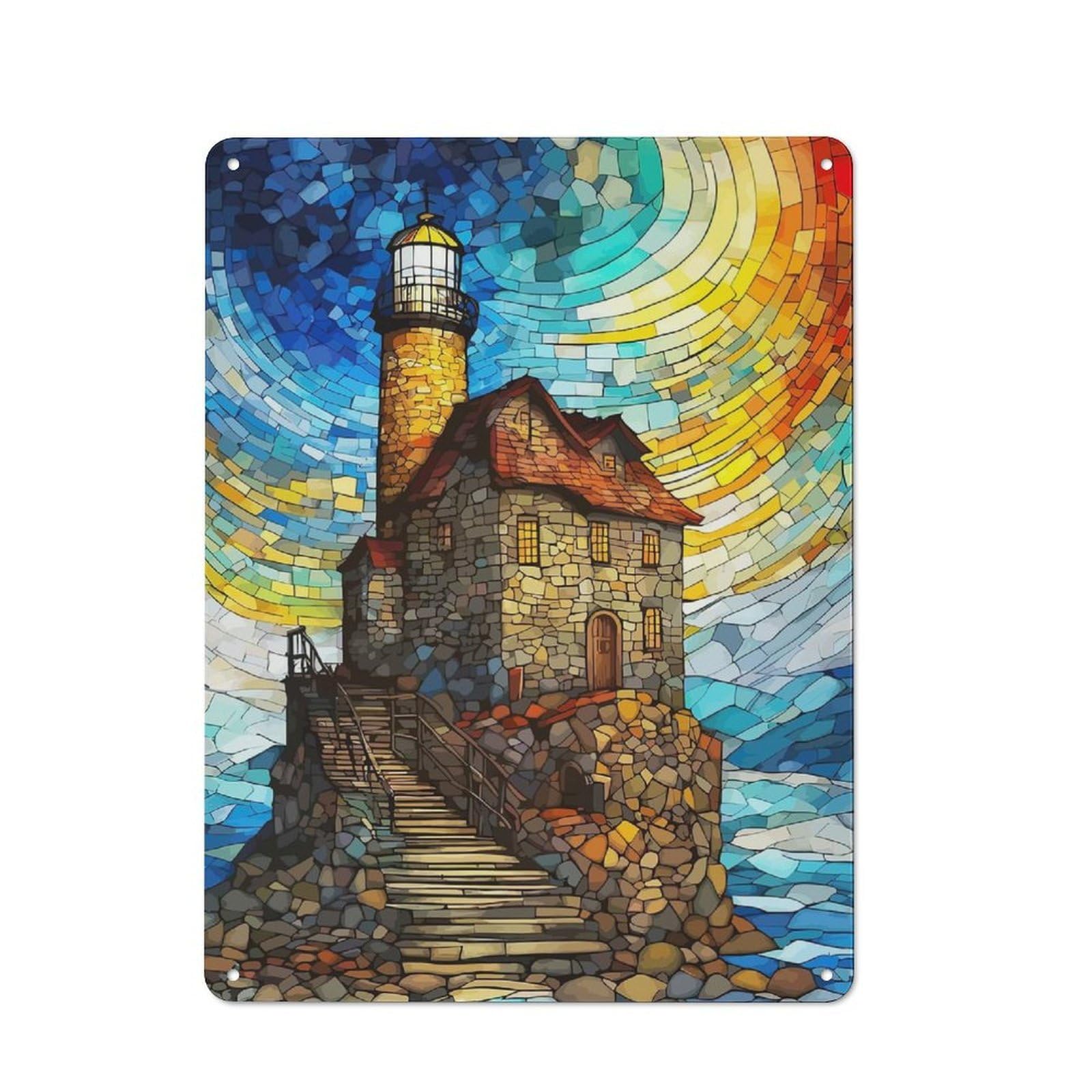 Junmoney Lighthouse On A Cliff Rustic Tin Wall Plaque 40X30cm For Garage Or Workshop, For Home Interiors, Feature Walls And Decorative Displays