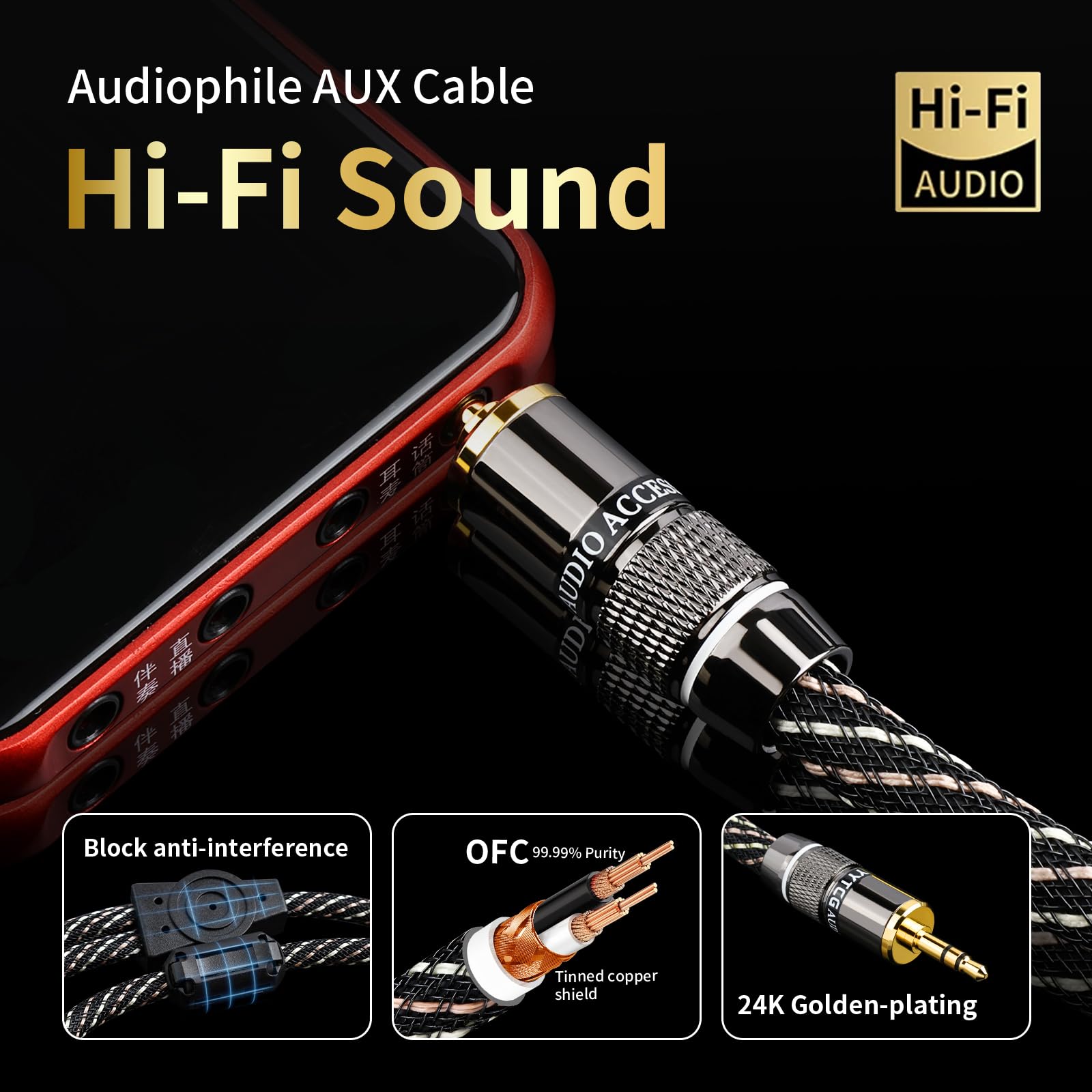 Audiophile - Cavo audio HiFi da 3,5 mm a 2 RCA maschio, nucleo OFC 4N, connettori placcati oro 24 K, con treccia in nylon, coassiale, compatibile con smartphone, laptop, lettore MP3