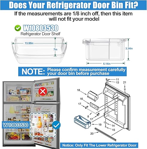 Miniatura 2 de Paquete de 2 W10803530 actualizado para repisa de puerta de refrigerador Whirlpool para estante de puerta de refrigerador Whirlpool, W10582649 para