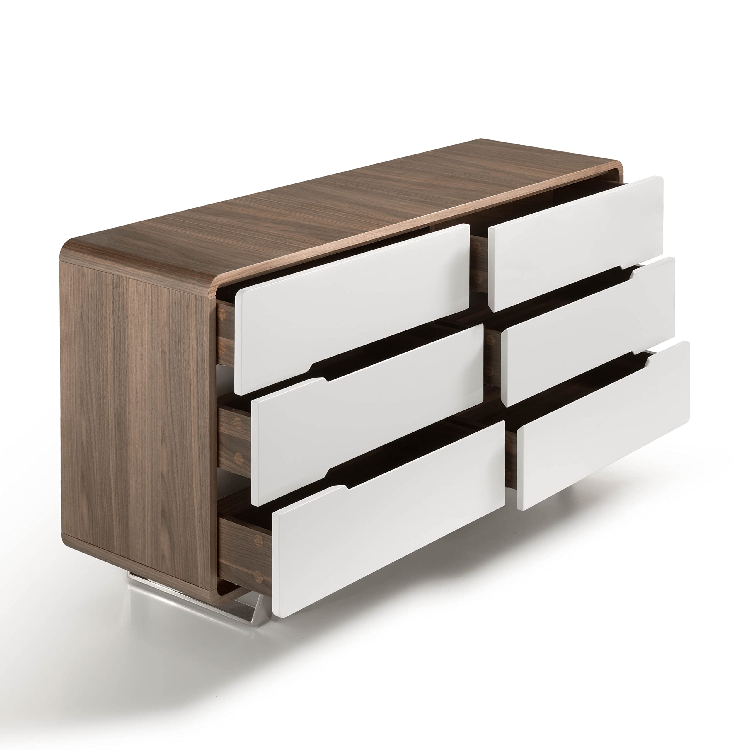 Angel Cerdá - Cómoda de Madera Nogal y Blanco Brillo - Cómoda Mueble con Seis Cajones Soft-Closing y Patas de Acero Cromado - Cómoda Moderna y Funcional para Dormitorio - 140 x 39 x 70 cm