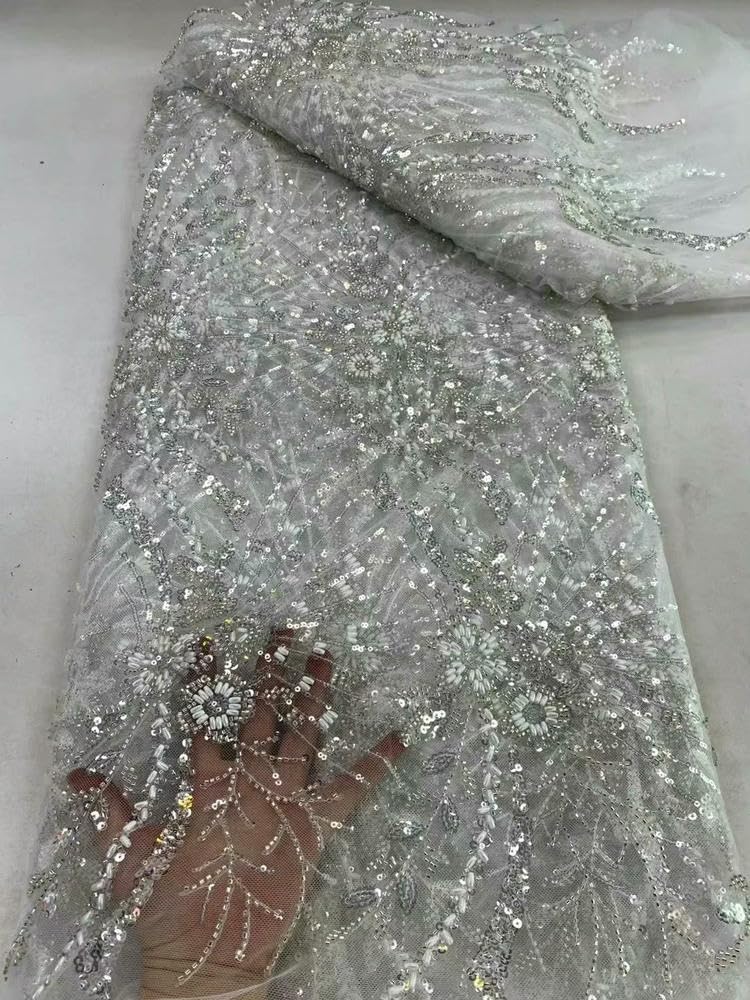 Tela de Encaje Verde con Cuentas, Encaje nigeriano, Tela con Cuentas Color Naranja Quemado para Bodas