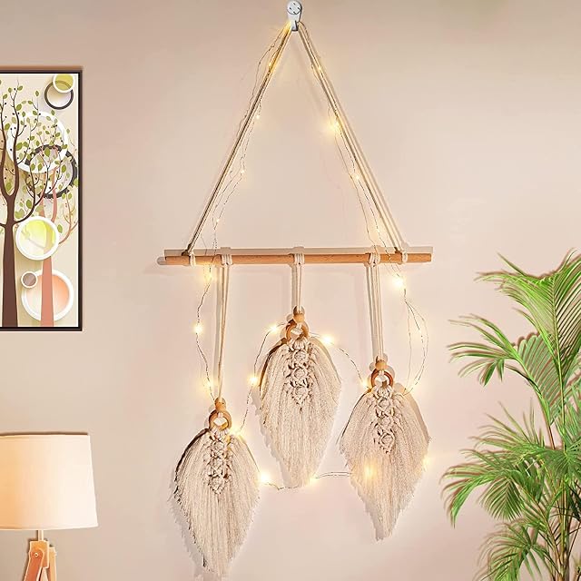 Makrama, dekoracja ścienna, styl boho, szykowna dekoracja ścienna, dywan ścienny, ręcznie tkany, styl boho, dekoracja na zewnątrz, do salonu, sypialni, wnętrz, prezent na Boże Narodzenie, z łańcuchem 3M Led,