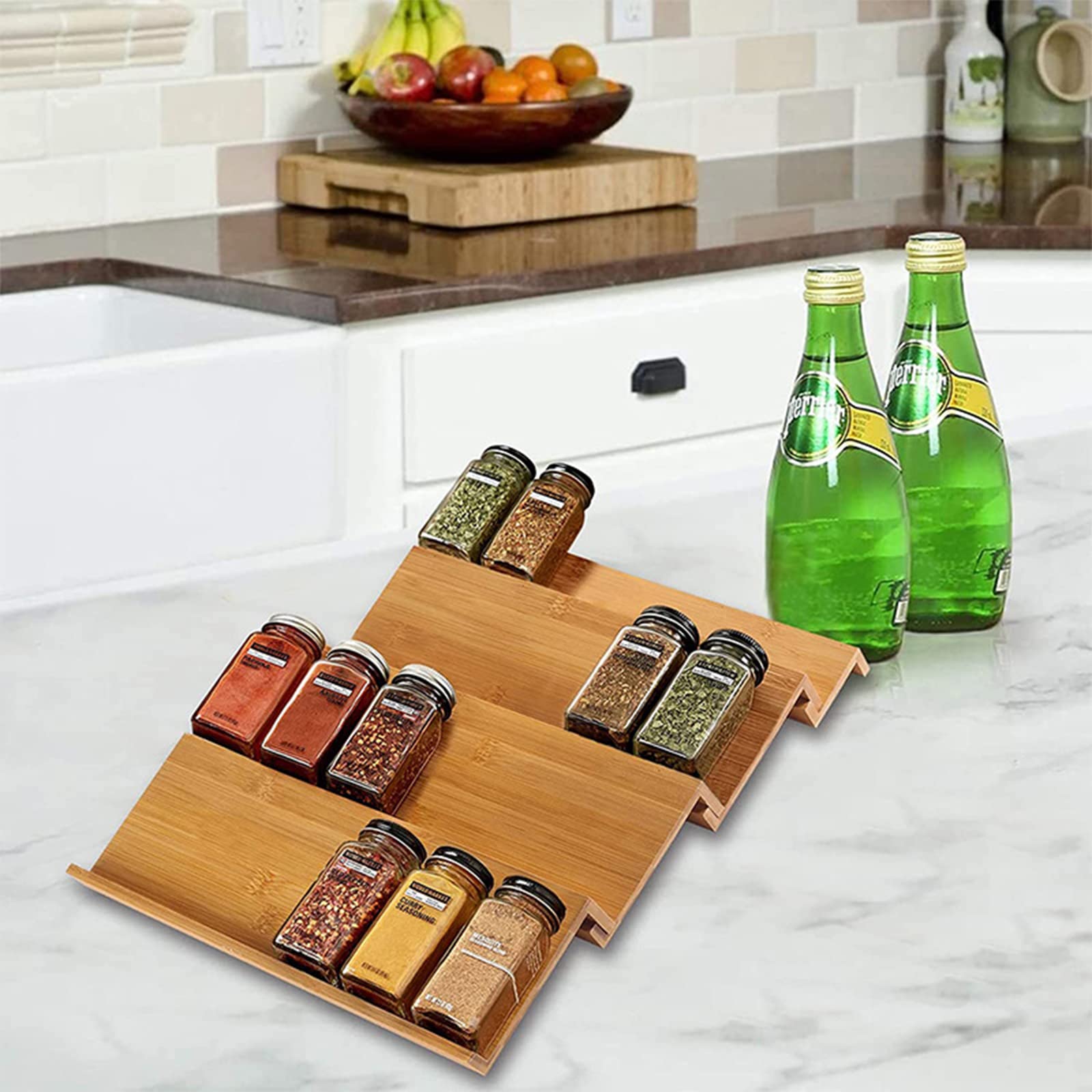 Rozszerzalny bambusowy organizer na przyprawy – 4-poziomowe rozwiązanie do przechowywania (43 x 33 x 6 cm) – wszechstronny kuchenny uchwyt na przyprawy maksymalizuje przestrzeń i utrzymuje przyprawy w