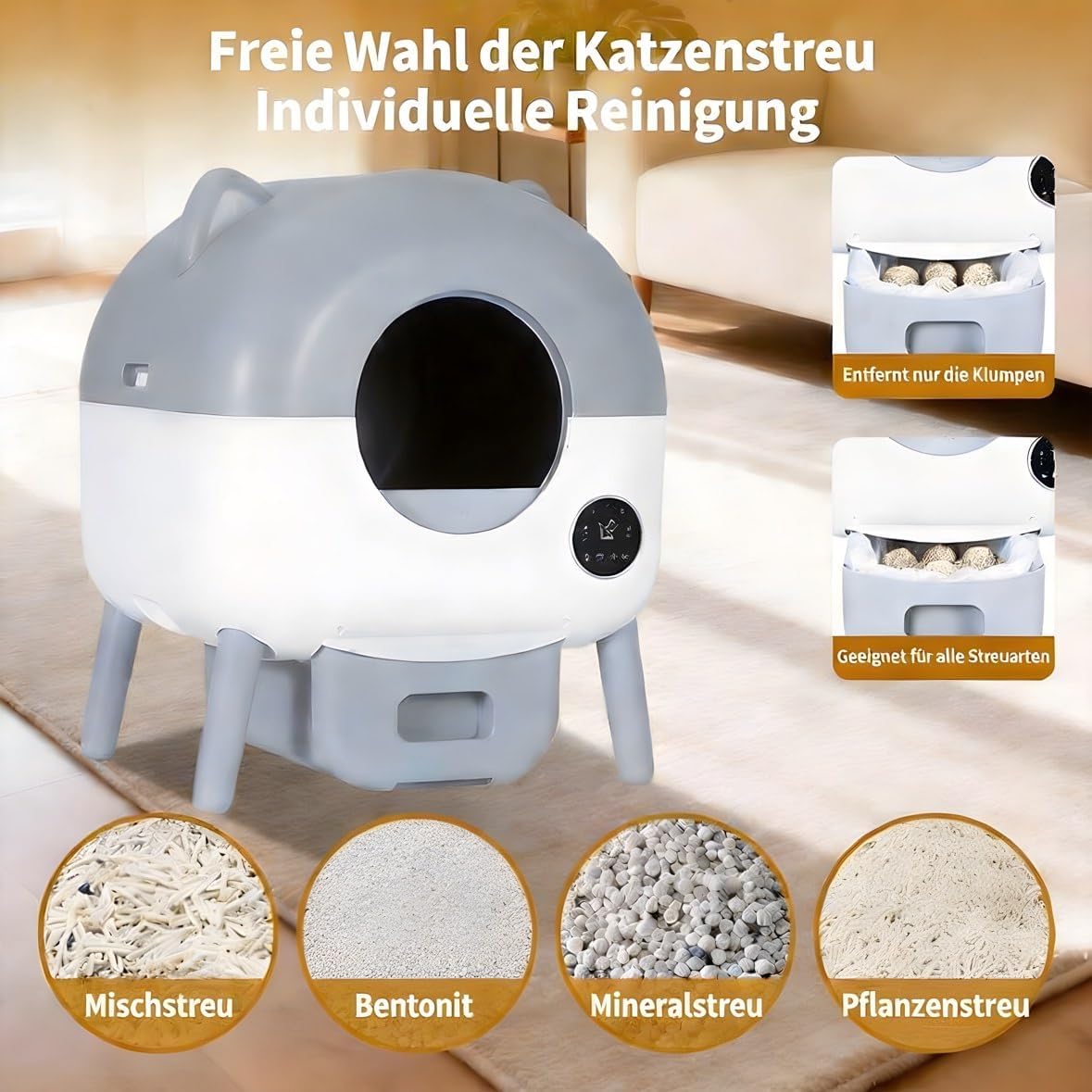 Selbstreinigende Katzentoilette, 76L Automatisches Katzenklo mit App-Steuerung & Sicherheitsschutz, Großes Volumen für Mehrkatzenhaushalte, Einstellbares LED-Nachtlicht, inkl. 1 Rolle Müllbeutel
