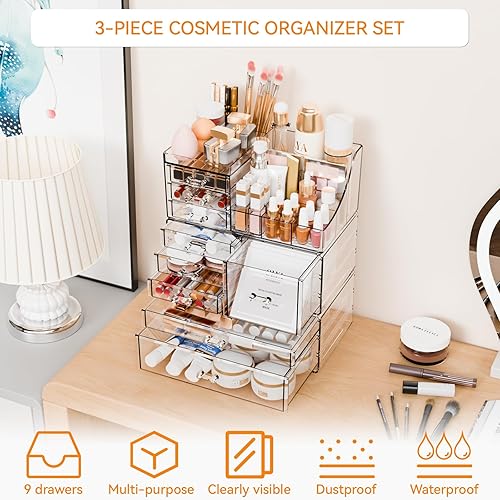 Miniatura 4 de Yieach Paquete de 3 organizadores de maquillaje transparentes escalonados para tocador, dormitorio, tocador acrílico grande, organizador de encimera