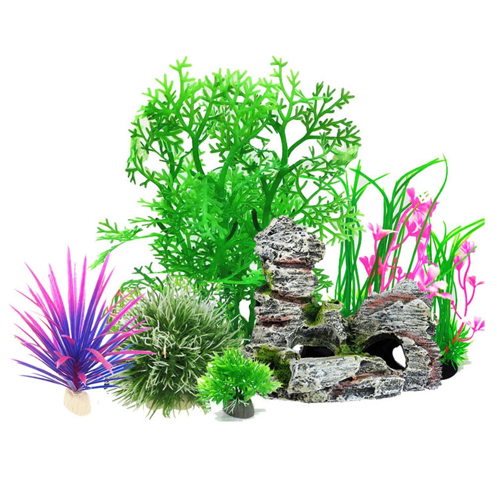 HOOTO Aquarium Fish Tank Plastic Plants and Cave Rock Decorations Set 7 PCS, Small and Large Artificial Fish Tank Plants with Cave Rock Fish Tank Accessories Style A