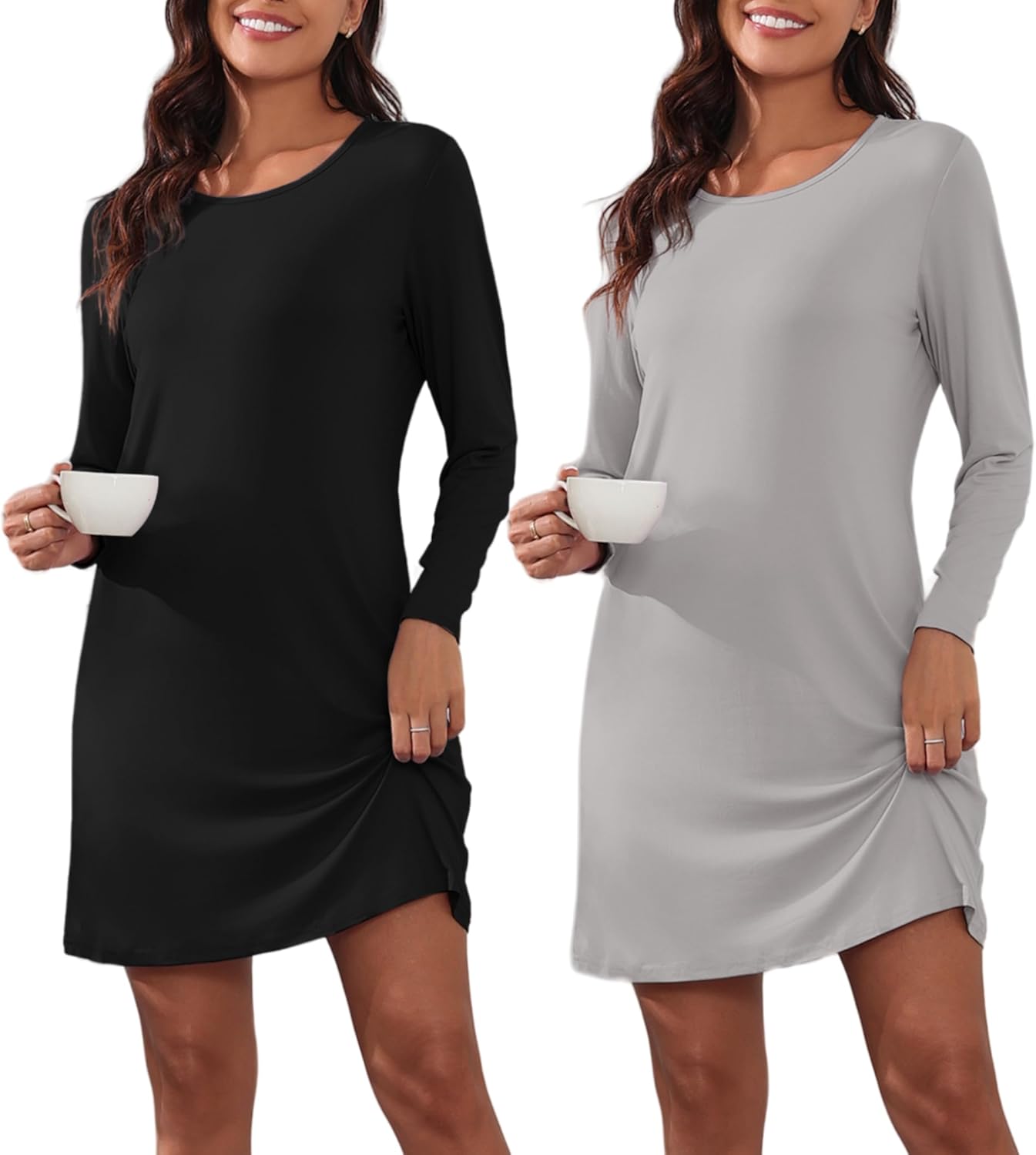 Ekouaer 2 Pack Long Sleeve Sleep Shirts for Women Soft Night Shirts ...