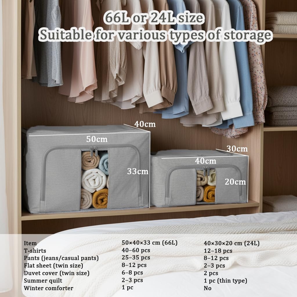 Cajas Almacenaje Ropa, con metálico 5mm, base con soporte PP, 66L | Gris, 3 PCS, Algodón y Lino, Bolsas Plegables, Para Organizador Armario, edredones, colchas, mantas