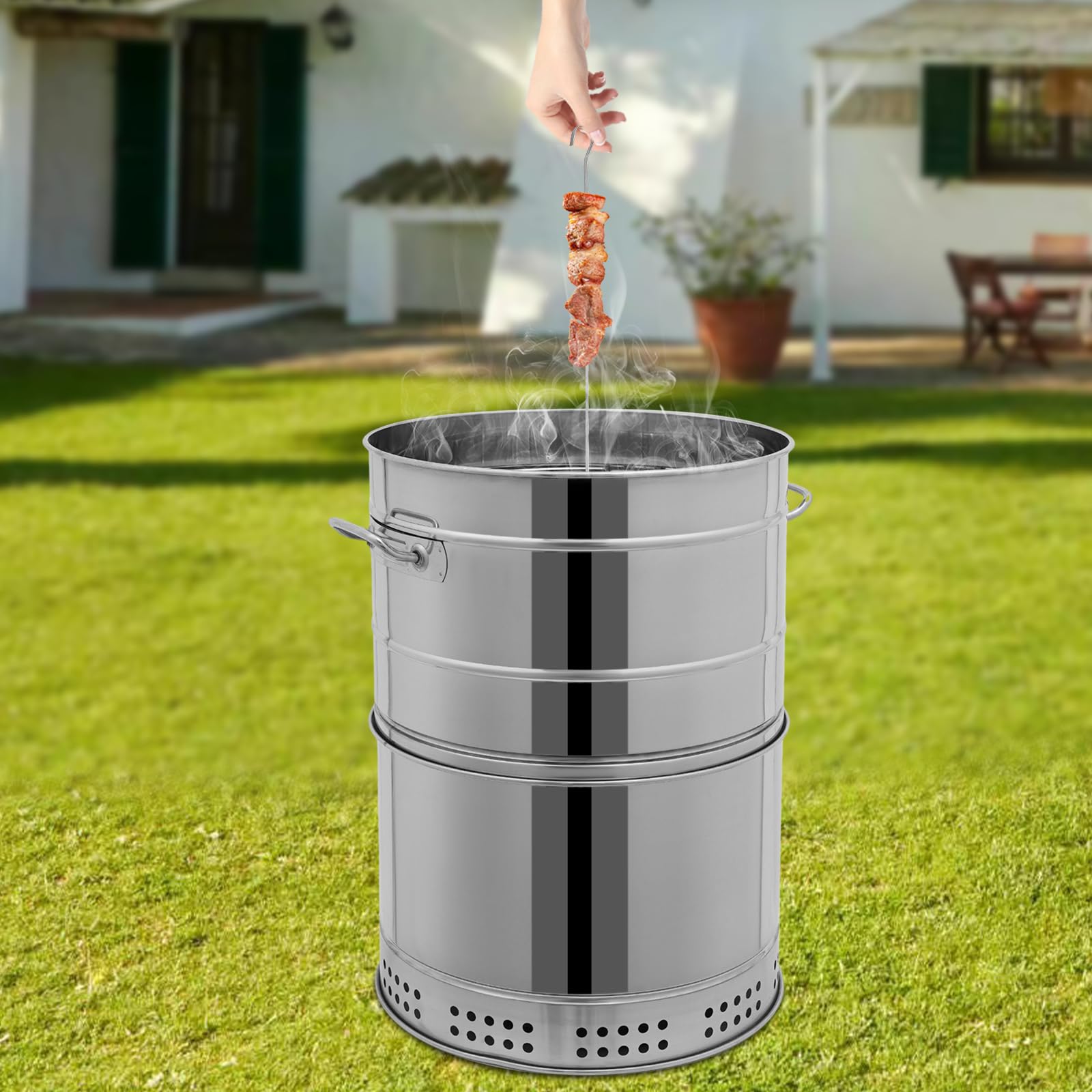 Przenośny grill węglowy beczkowy 360°, bezdymny, wolnostojący, ze stali nierdzewnej, do biwakowania na świeżym powietrzu, pikników i grillowania na podwórku