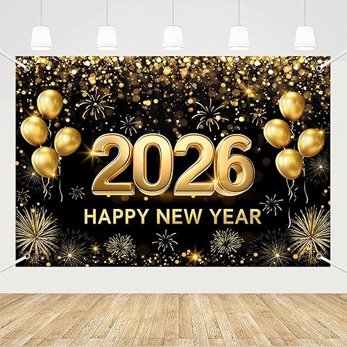 MEHOFOND 7x5 ft Black and Gold 2026 Happy New Year Backdrop Cheers to 2026 New Year Eve Glitter Photography Background Hello 2026 Party Balloon Fireworks Decor Banner Cake Smash Photo Props