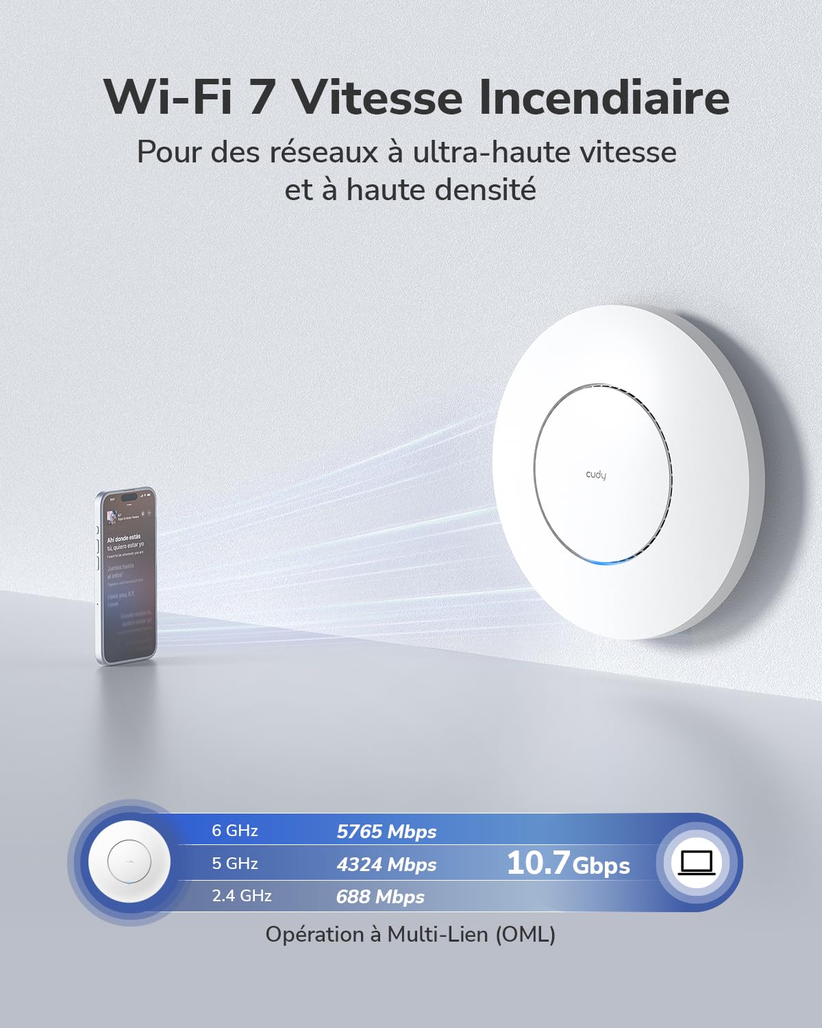 Cudy BE11000 Point d'accès sans Fil Wi-FI 7 tri-Bande, 1 Port SFP+ de 10 Go, PoE-in 2,5 G, contrôle et Maillage par Application Cudy AP11000, Alimentation PoE/DC (Le Produit ne Comprend Pas), AP11000