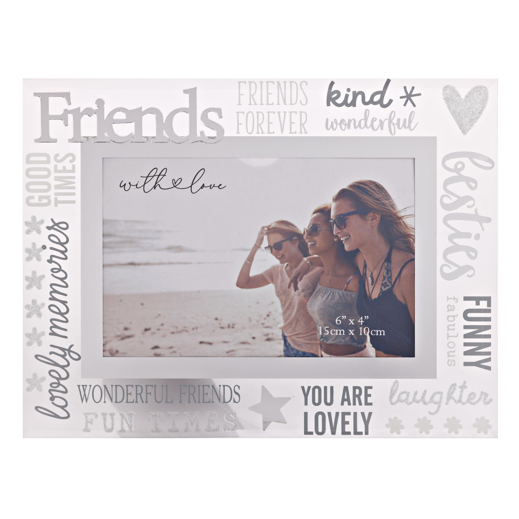 Widdop And Co White With Love - Glass Picture Frame 3D - Friends - 6" X 4" - Horizontal Single Aperture Free-Standing Easel Back - Memories, Keepsake, Best Friend, Mates & Family, Gifting & Homeware - H: 22 X W: 17Cm.