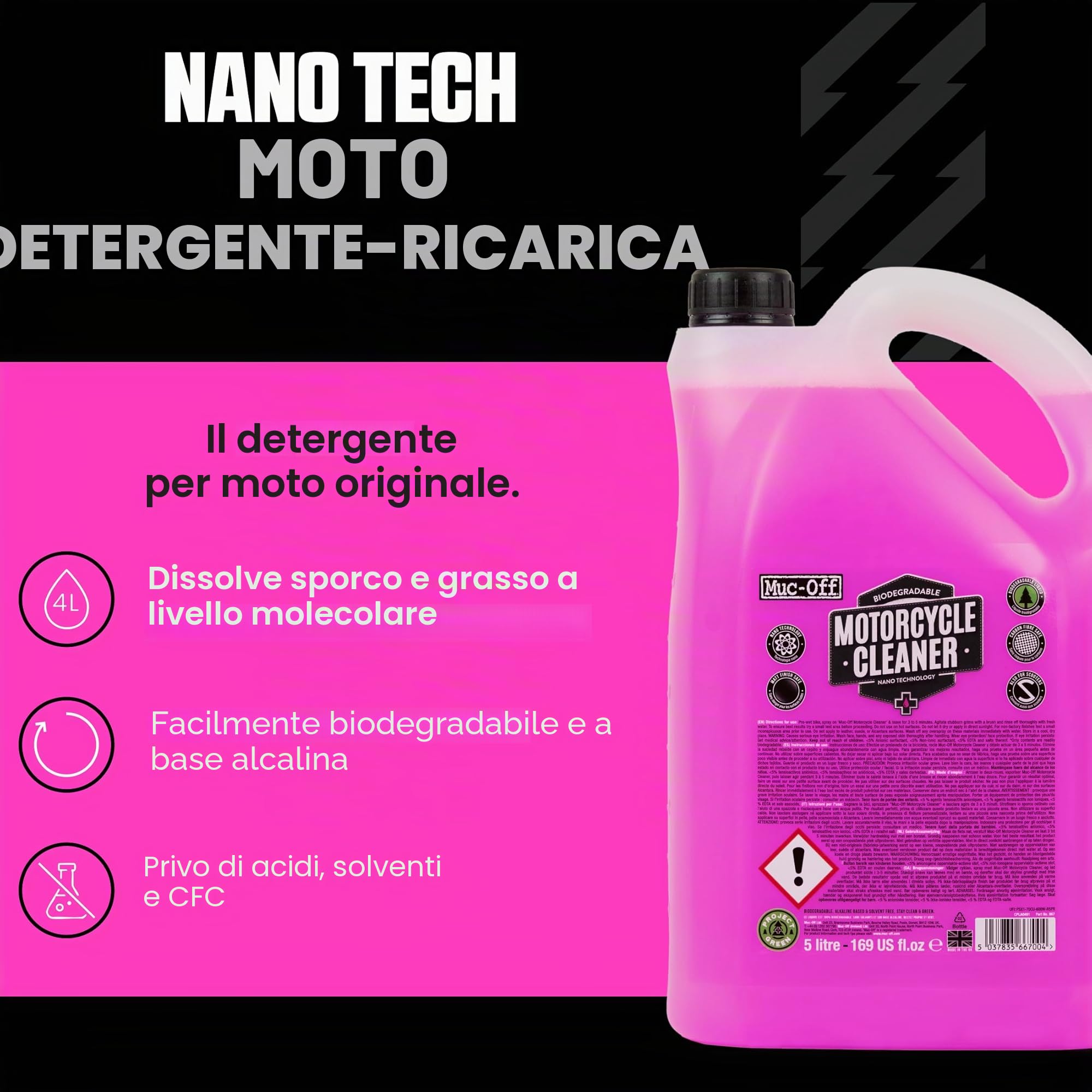 Muc-Off Nano-Tech Motorcycle Cleaner, 5 l - Spray Detergente Moto Biodegradabile ad Azione Rapida - Prodotto Pulizia Moto Sicuro su Tutte le Superfici e Adatto a Tutti i Tipi di Moto